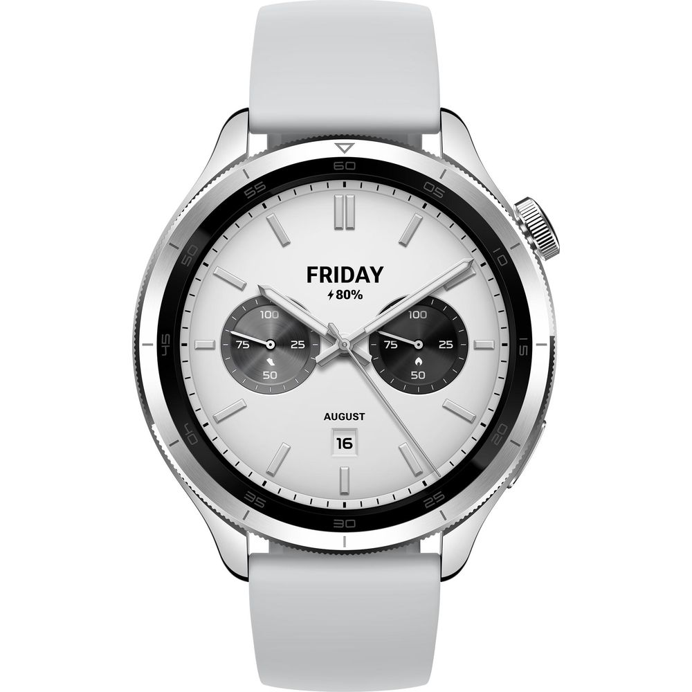 Montre connectée argentée avec cadran blanc : vendredi, 80%, août, 16.