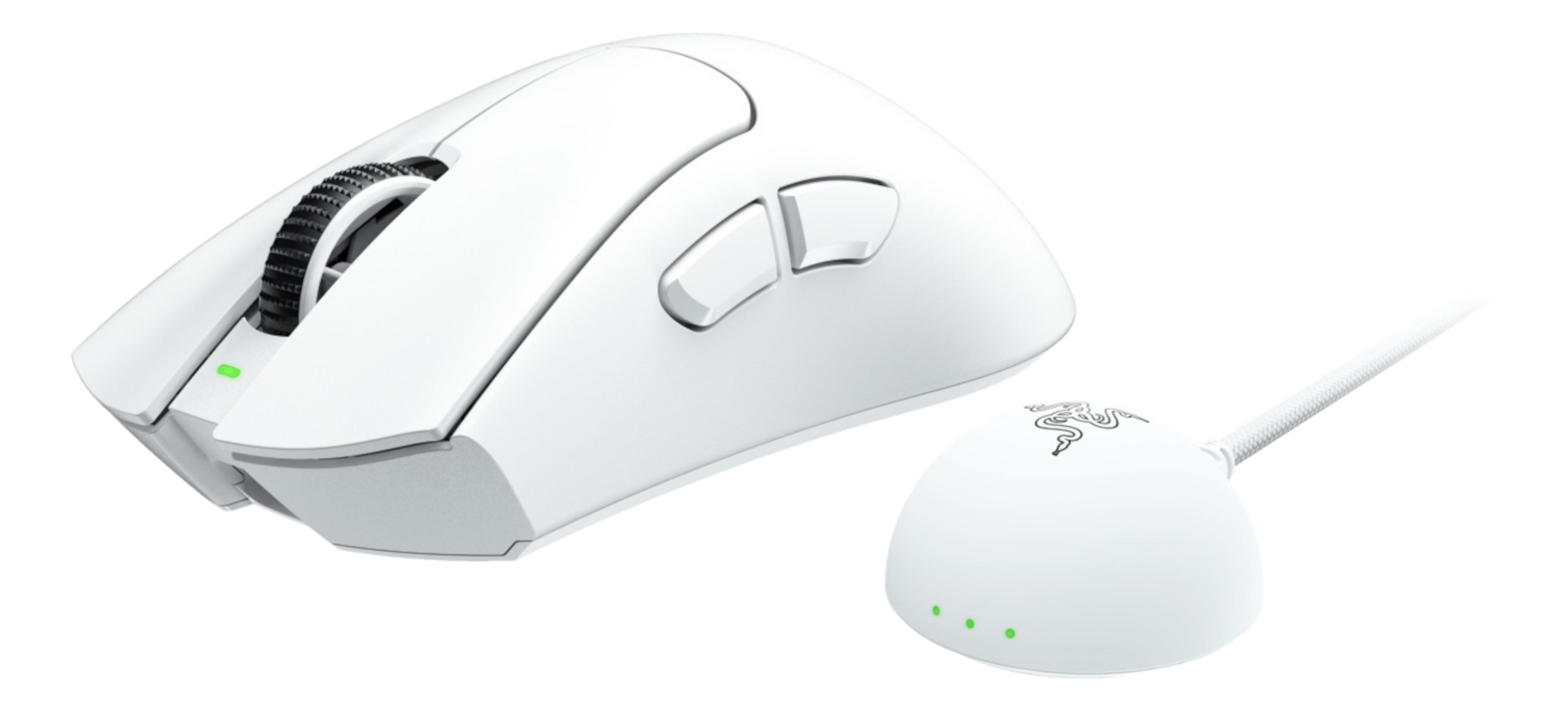 Biała mysz gamingowa z dokiem ładującym i logo Razer.