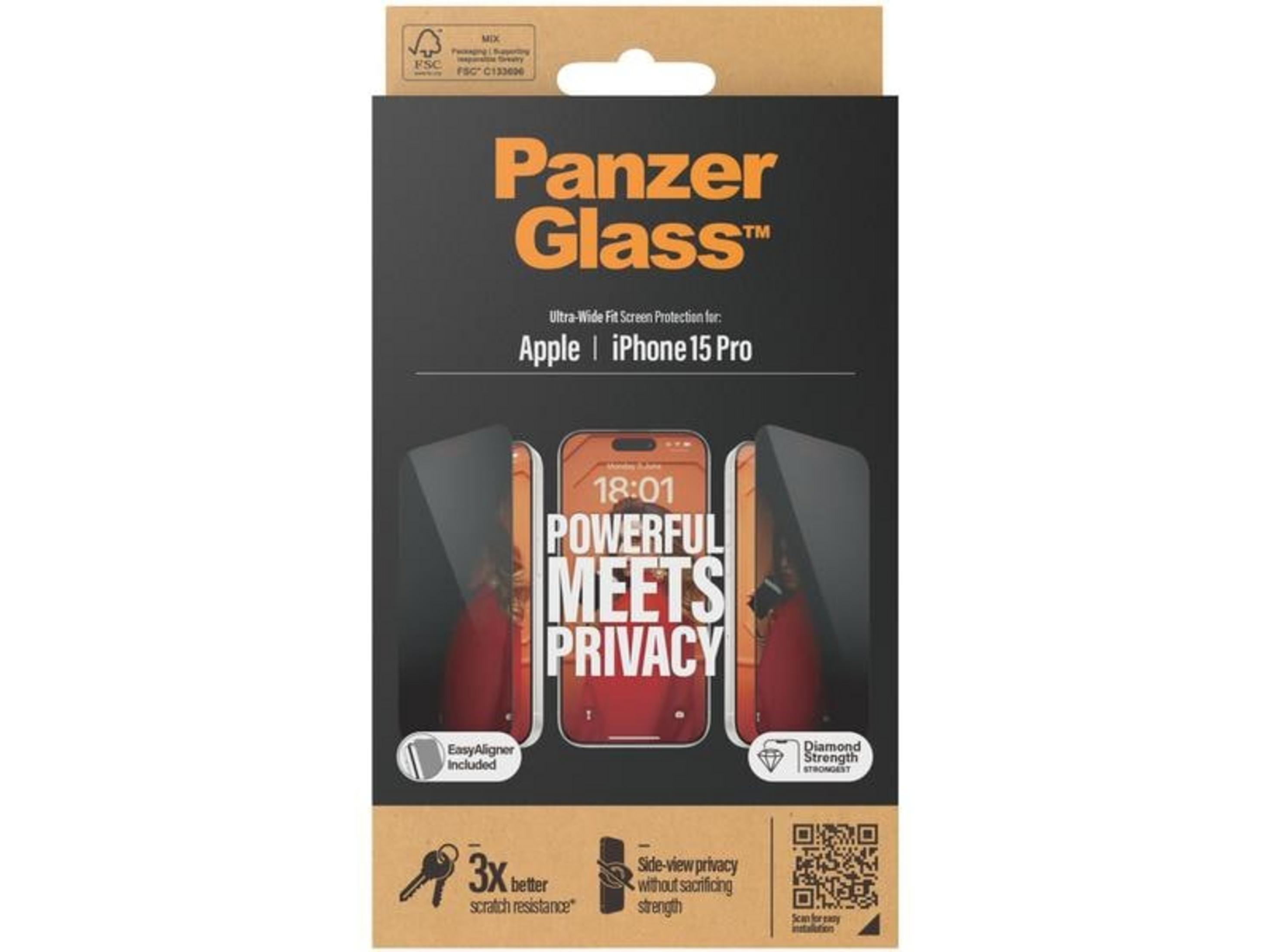 Protection écran Panzer Glass pour iPhone 15 Pro avec fonction confidentialité. Inclut EasyAligner.