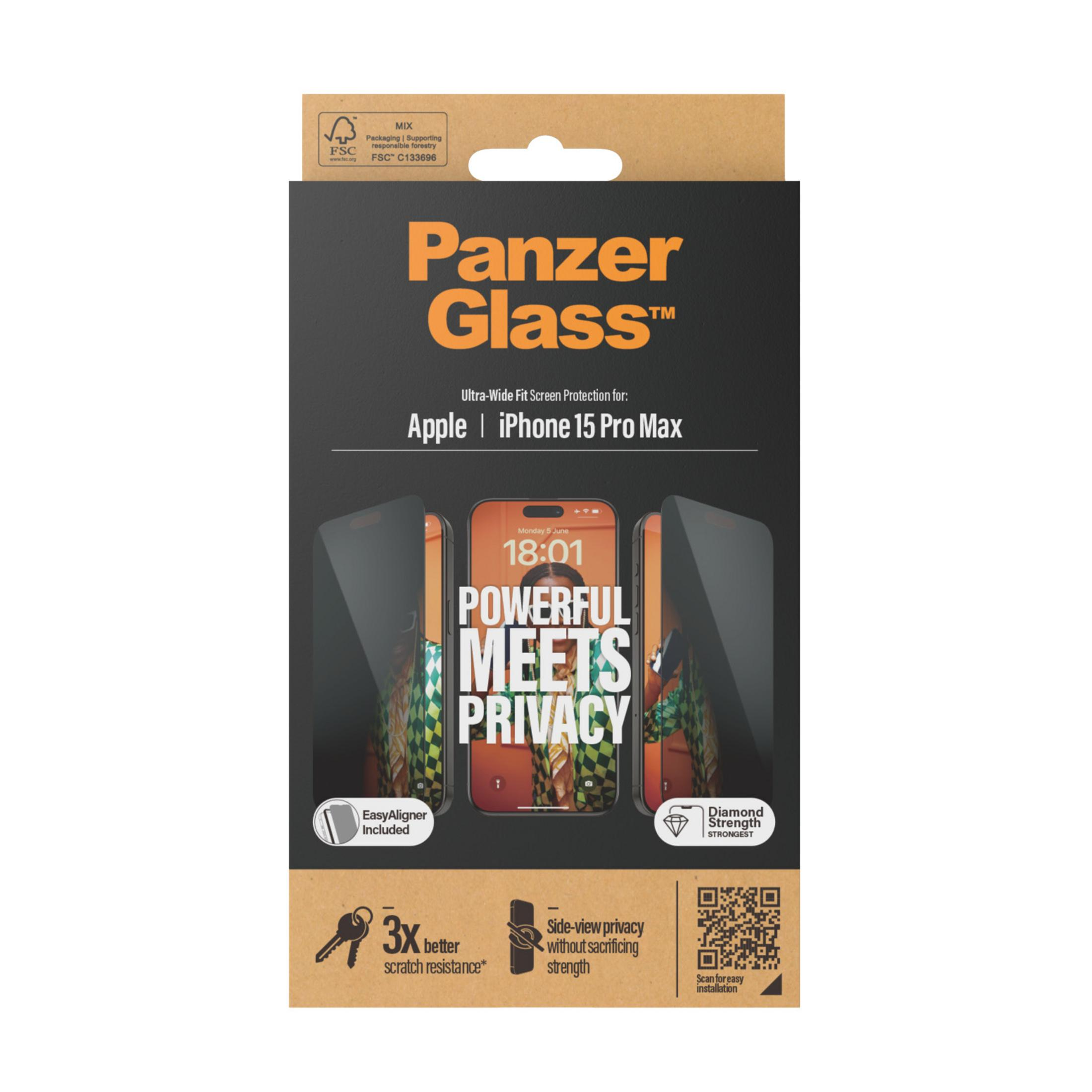 Panzer Glass screenprotector voor iPhone 15 Pro Max, met privacy en eenvoudige uitlijning.
