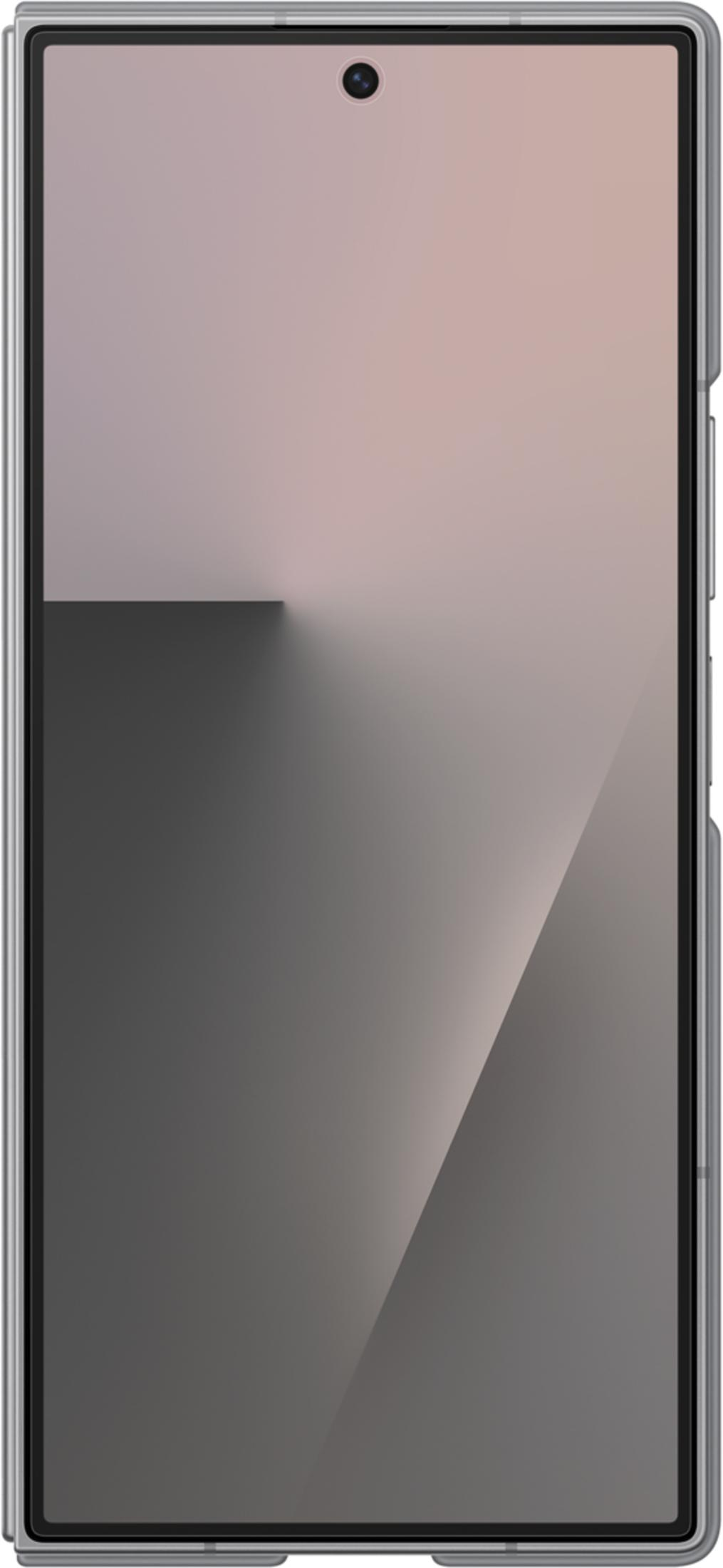 Nowoczesny smartfon z srebrną ramką, pokazujący szaro-różowe tło.