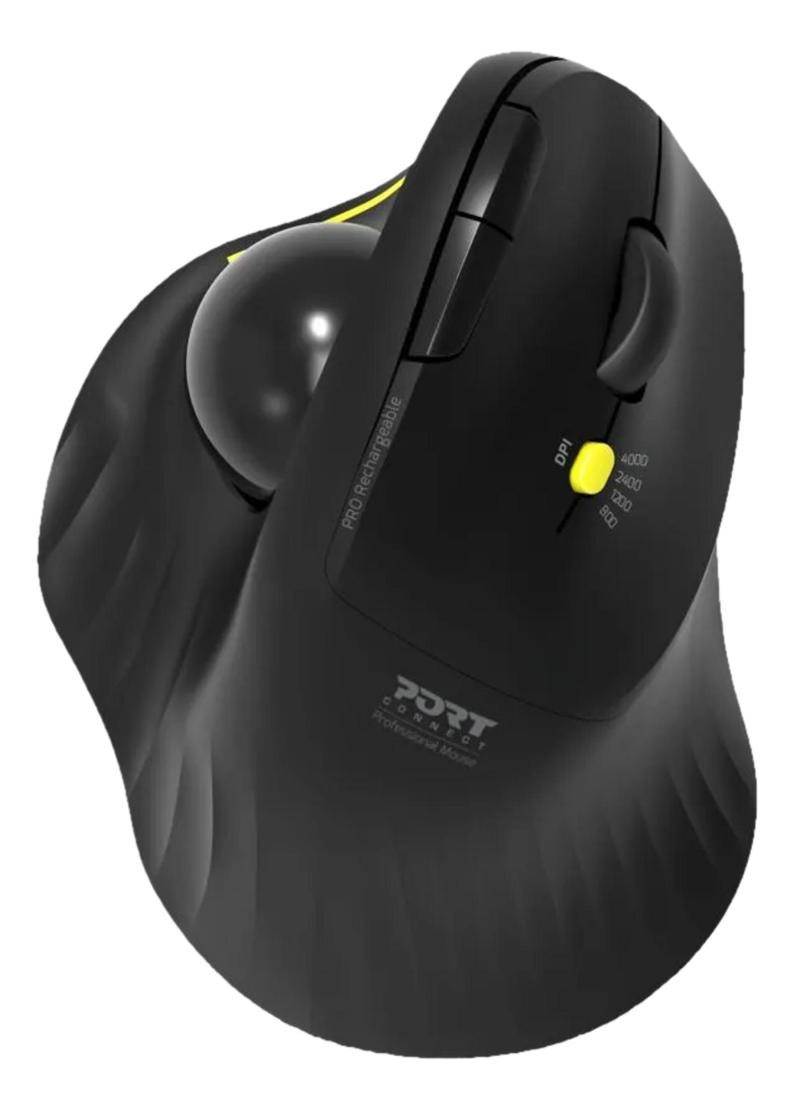 Zwarte verticale muis met trackball, gele accenten en DPI-schakelaar.