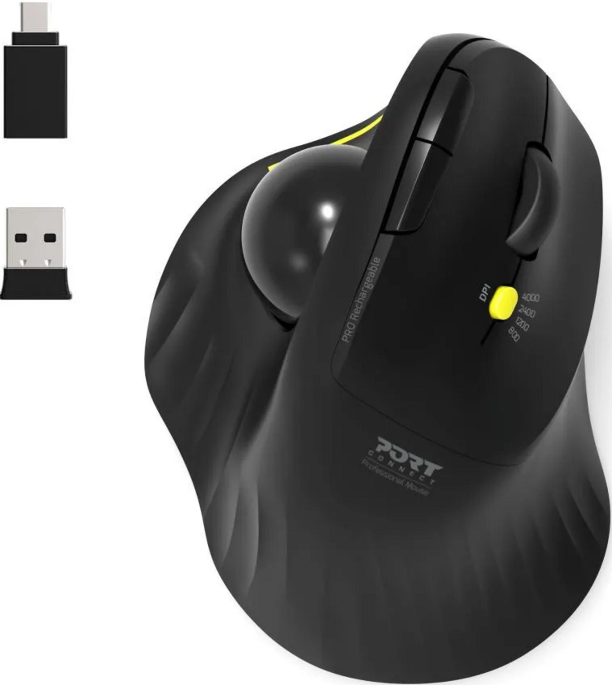 Zwarte verticale muis met trackball en USB-dongle.