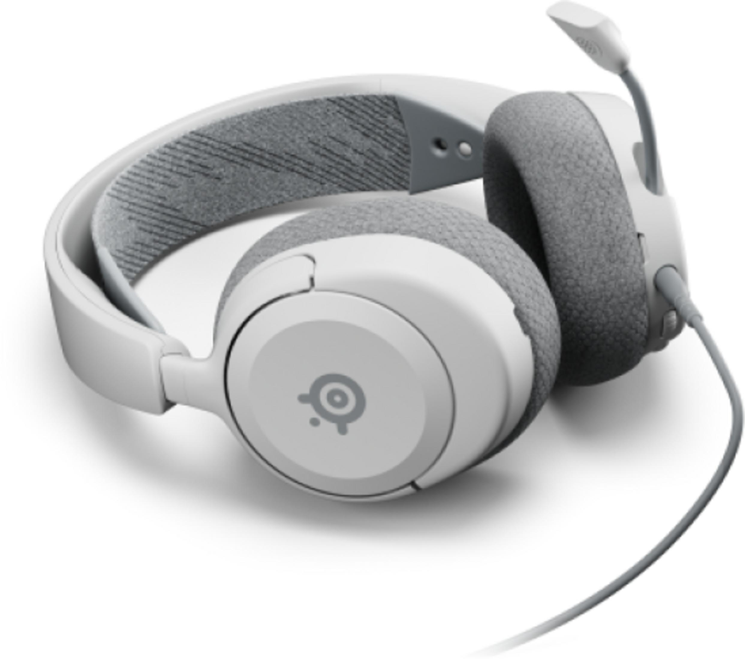 Ein weißes Headset mit grauen Ohrpolstern und einem Mikrofonarm.