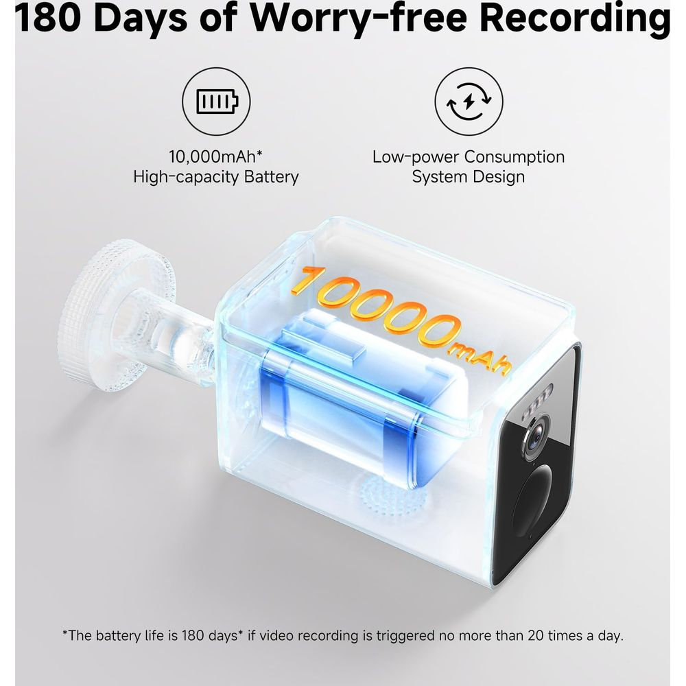 Przezroczysty widok baterii 10000mAh w kamerze bezpieczeństwa, obiecujący 180 dni nagrywania.
