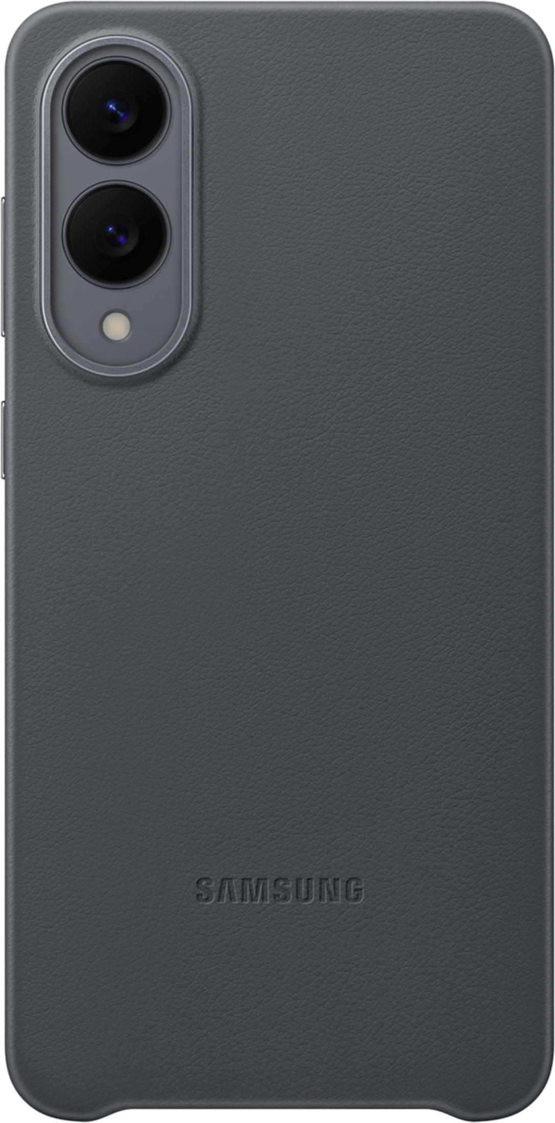 Custodia in pelle grigio scuro con due obiettivi e flash.