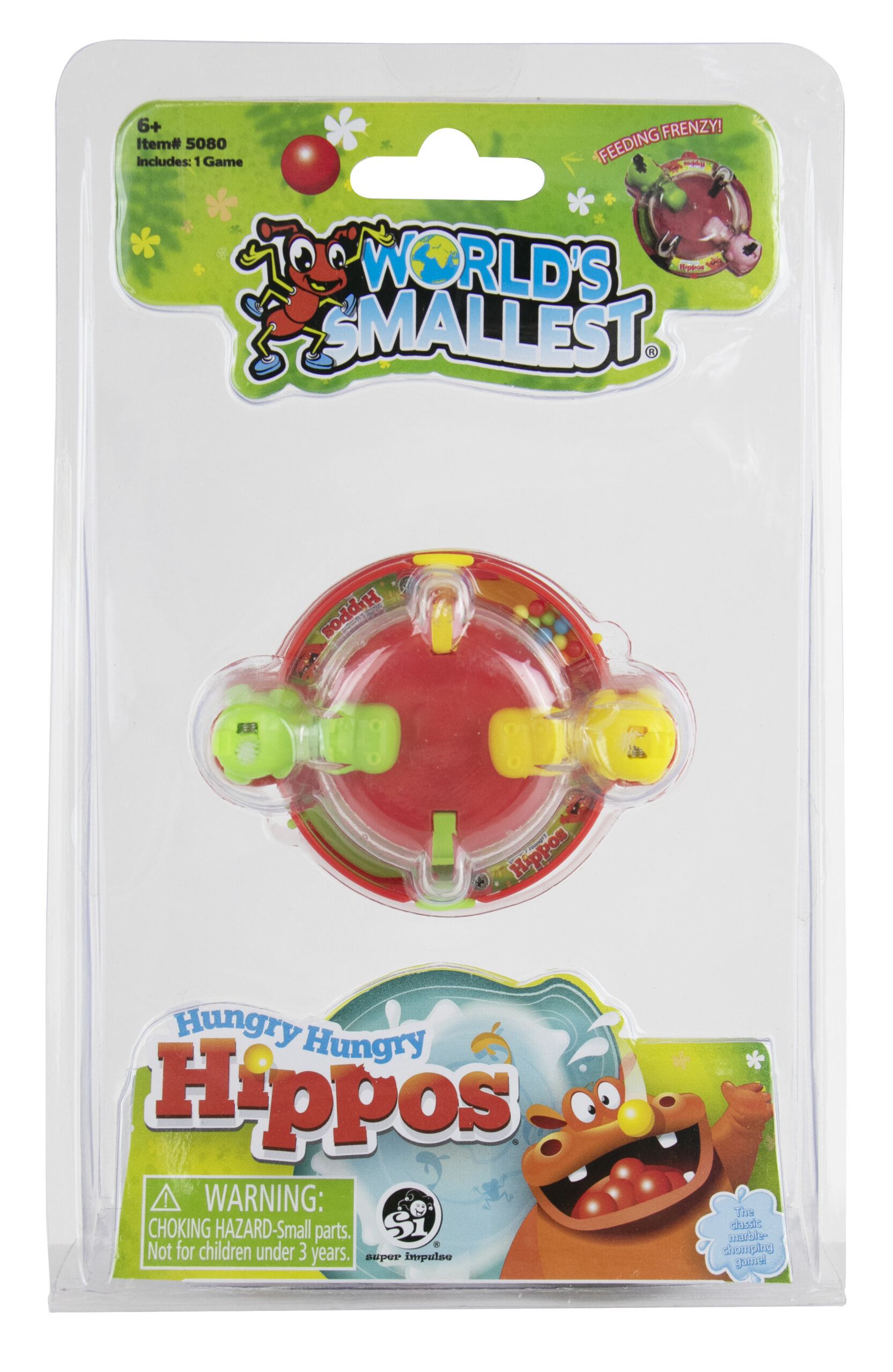 Emballage du jeu "World's Smallest Hungry Hungry Hippos" avec un plateau de jeu rouge.