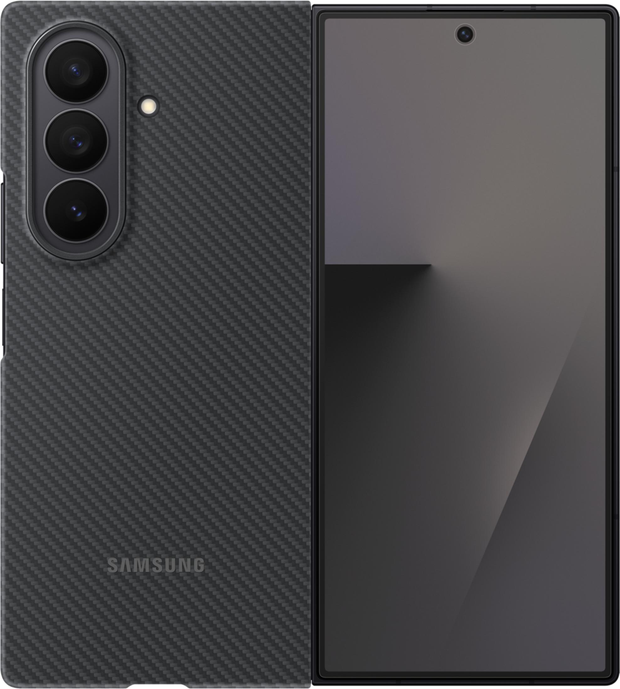 Dunkelgraues Smartphone im Carbon-Look, aufgeklappt mit leerem Bildschirm.