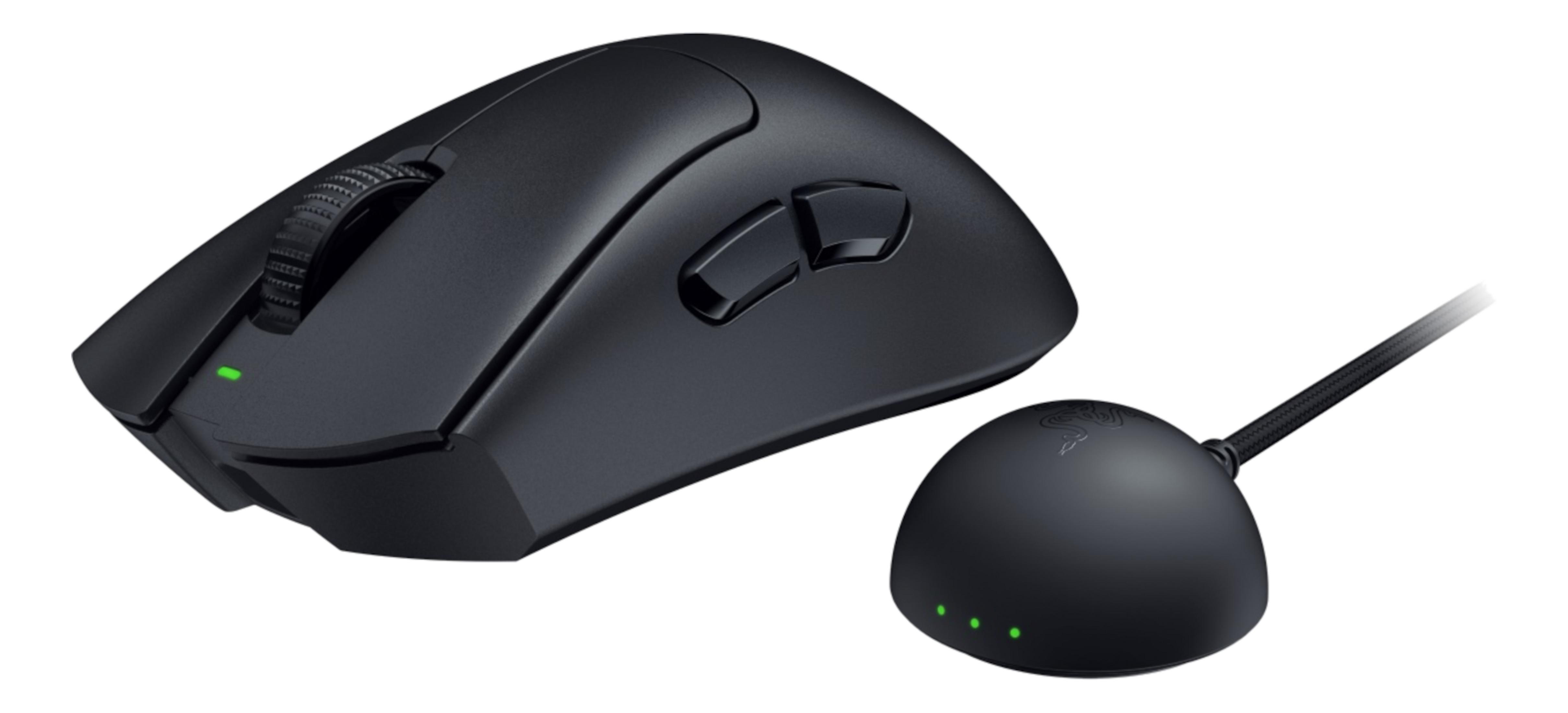 Czarna mysz ze stacją ładującą i zielonymi diodami.