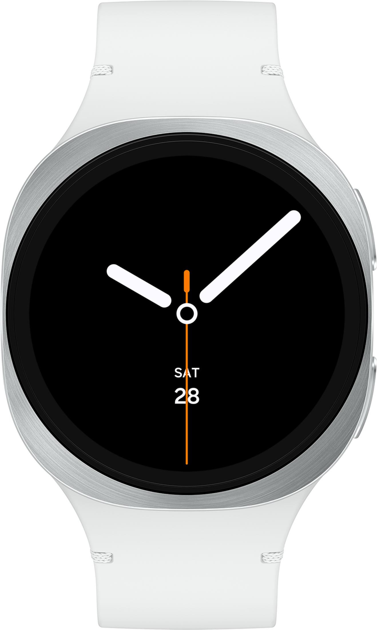Smartwatch bianco con cassa argentata e display digitale nero.