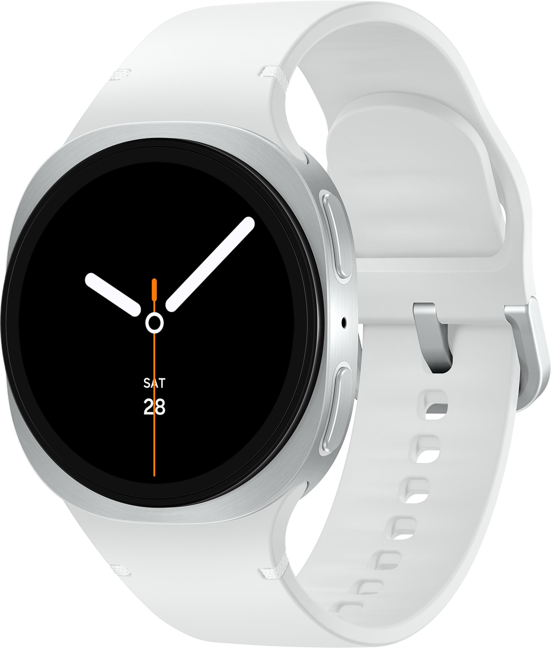 Uno smartwatch bianco con cassa argentata e display digitale nero.