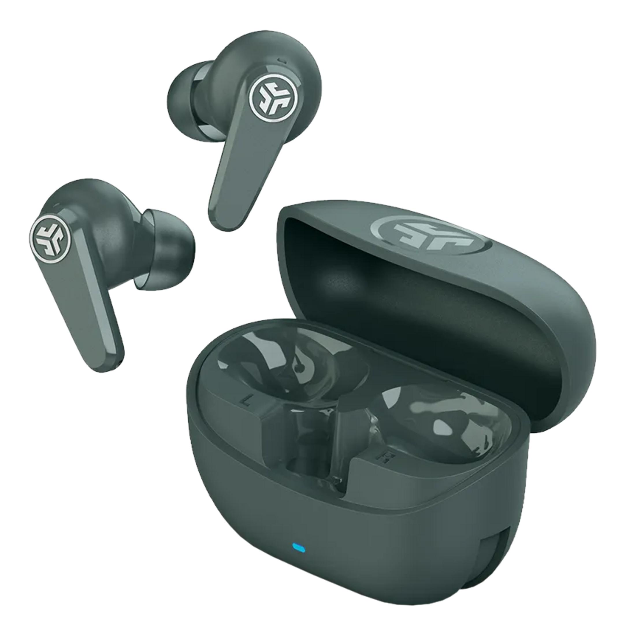 Auricolari wireless grigio scuro e la loro custodia di ricarica blu.