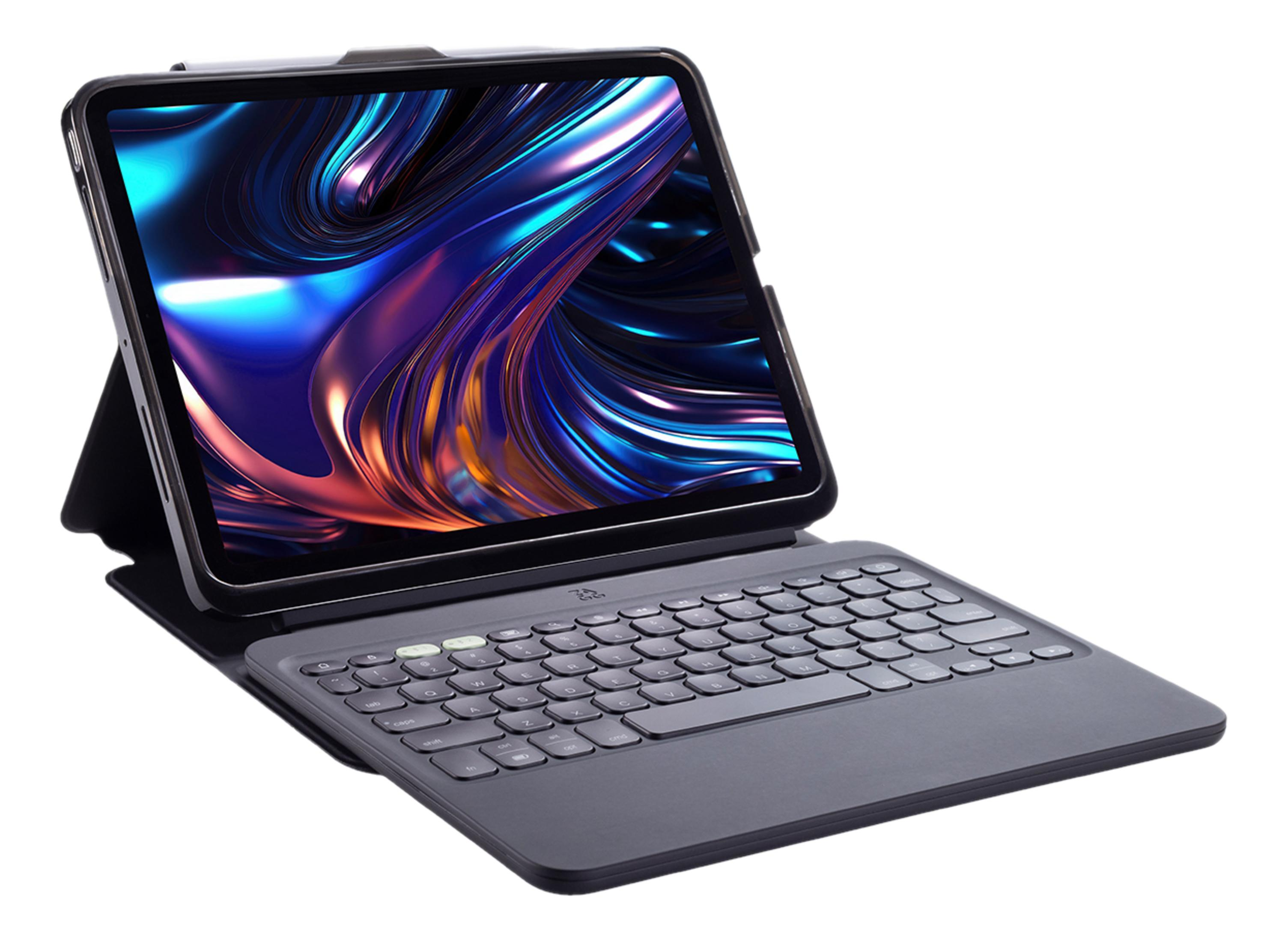 Ein Tablet mit Tastatur und einer abstrakten blauen/violetten Bildschirmanzeige.