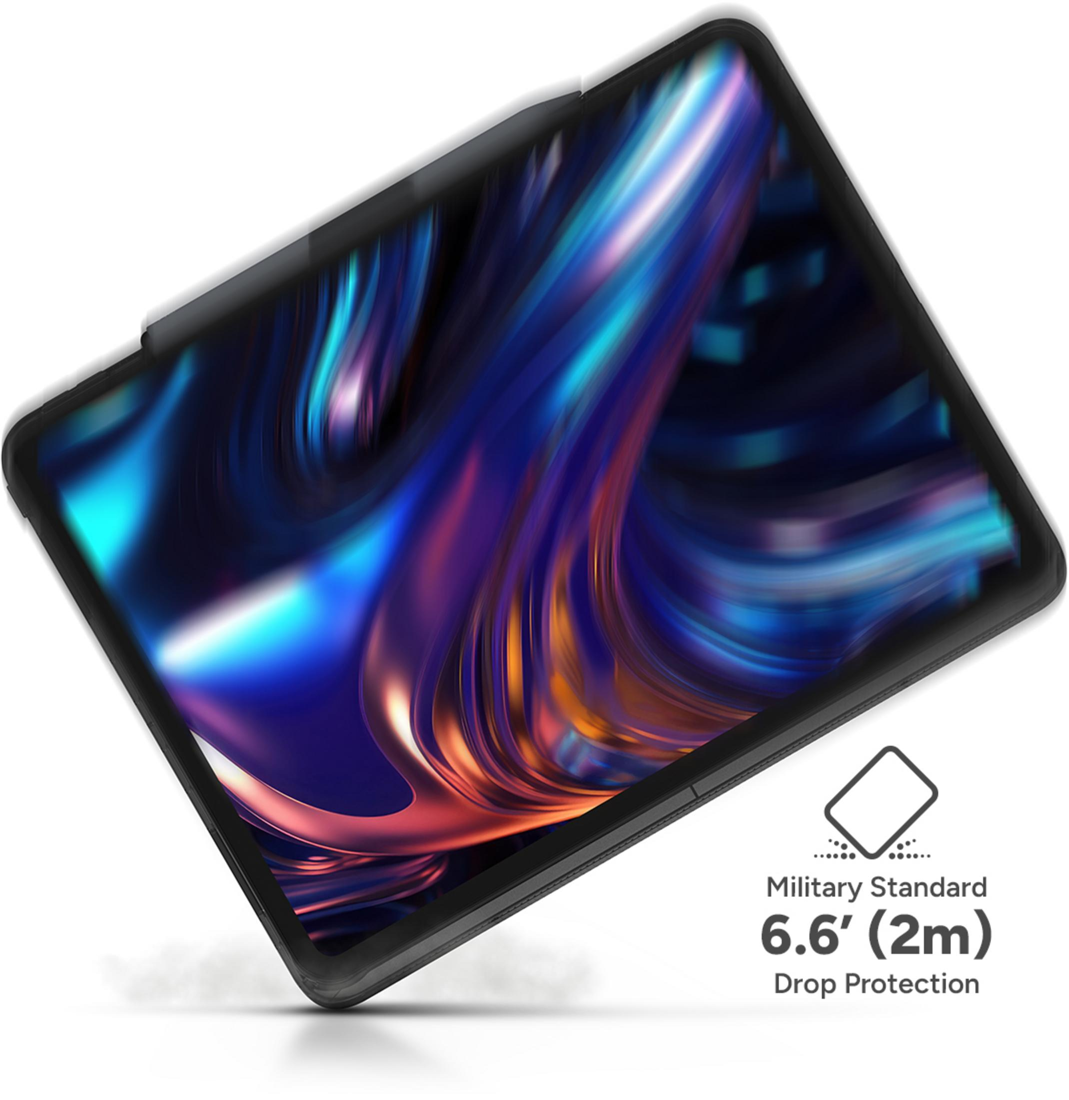 Ein schwarzes Tablet mit abstraktem, blauem und rosa Hintergrund wird gezeigt.