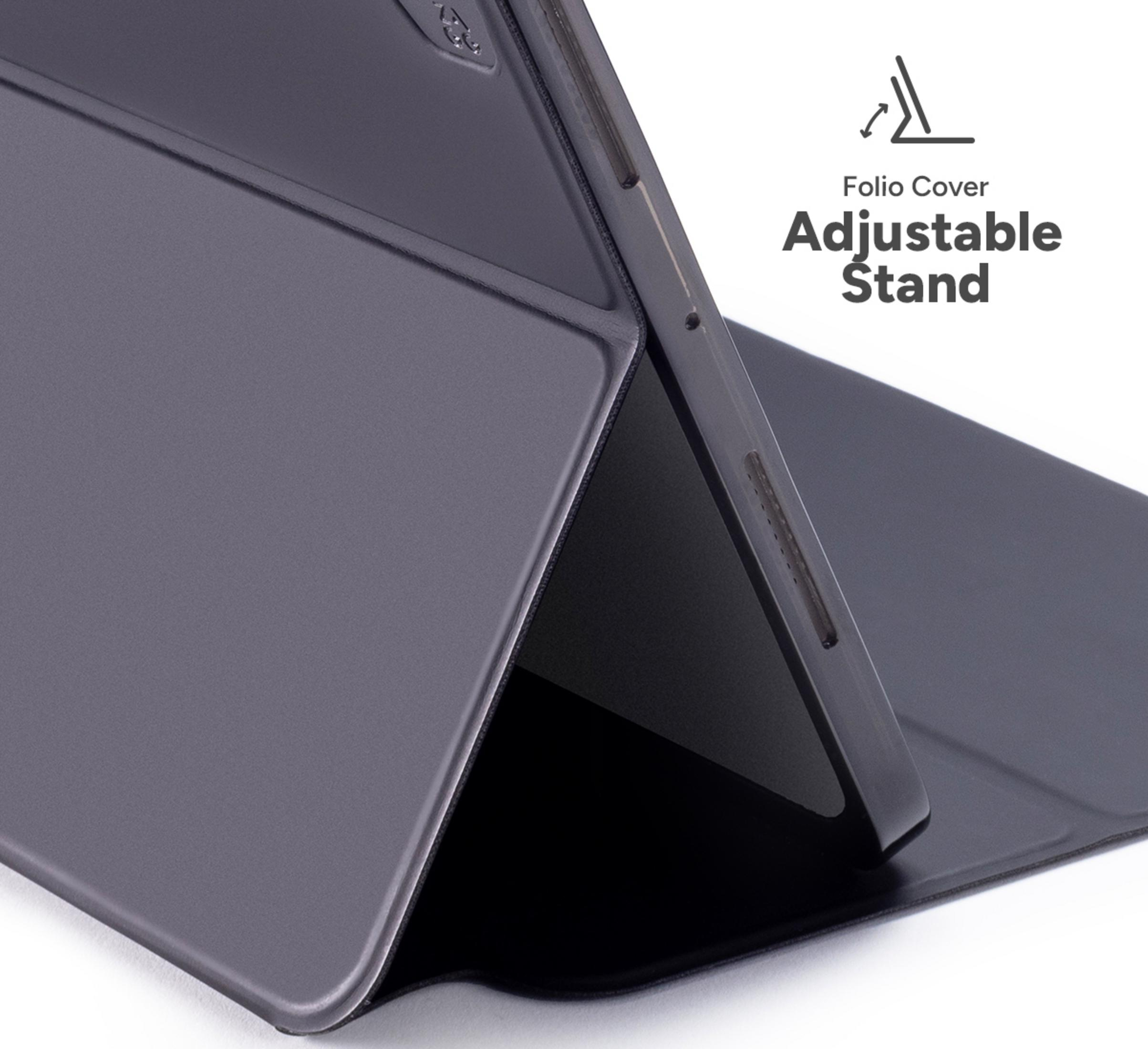 Graue Tablet-Hülle mit verstellbarem Ständer und aufklappbarem Deckel.
