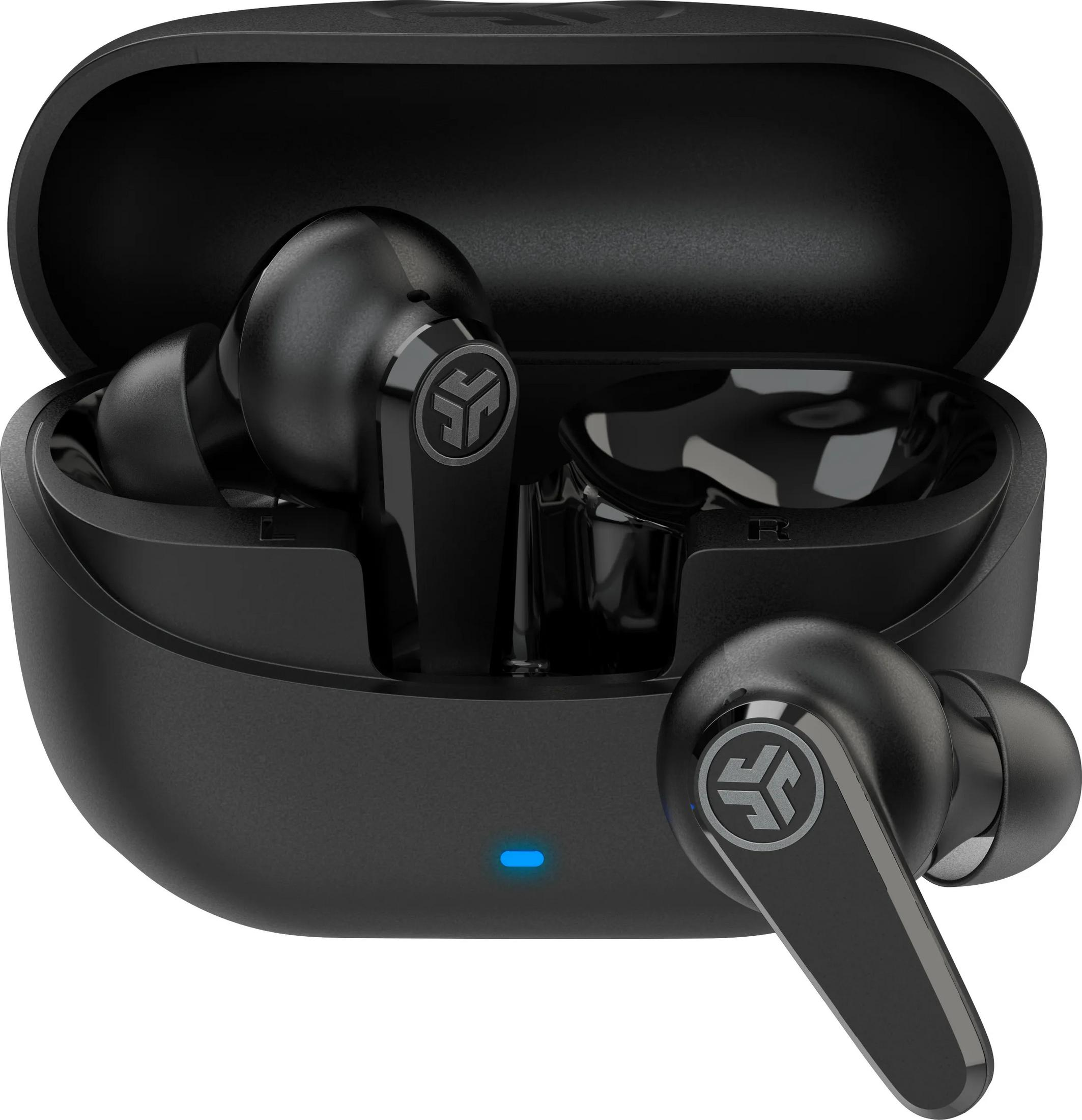 Auricolari wireless neri con custodia di ricarica e luce blu.