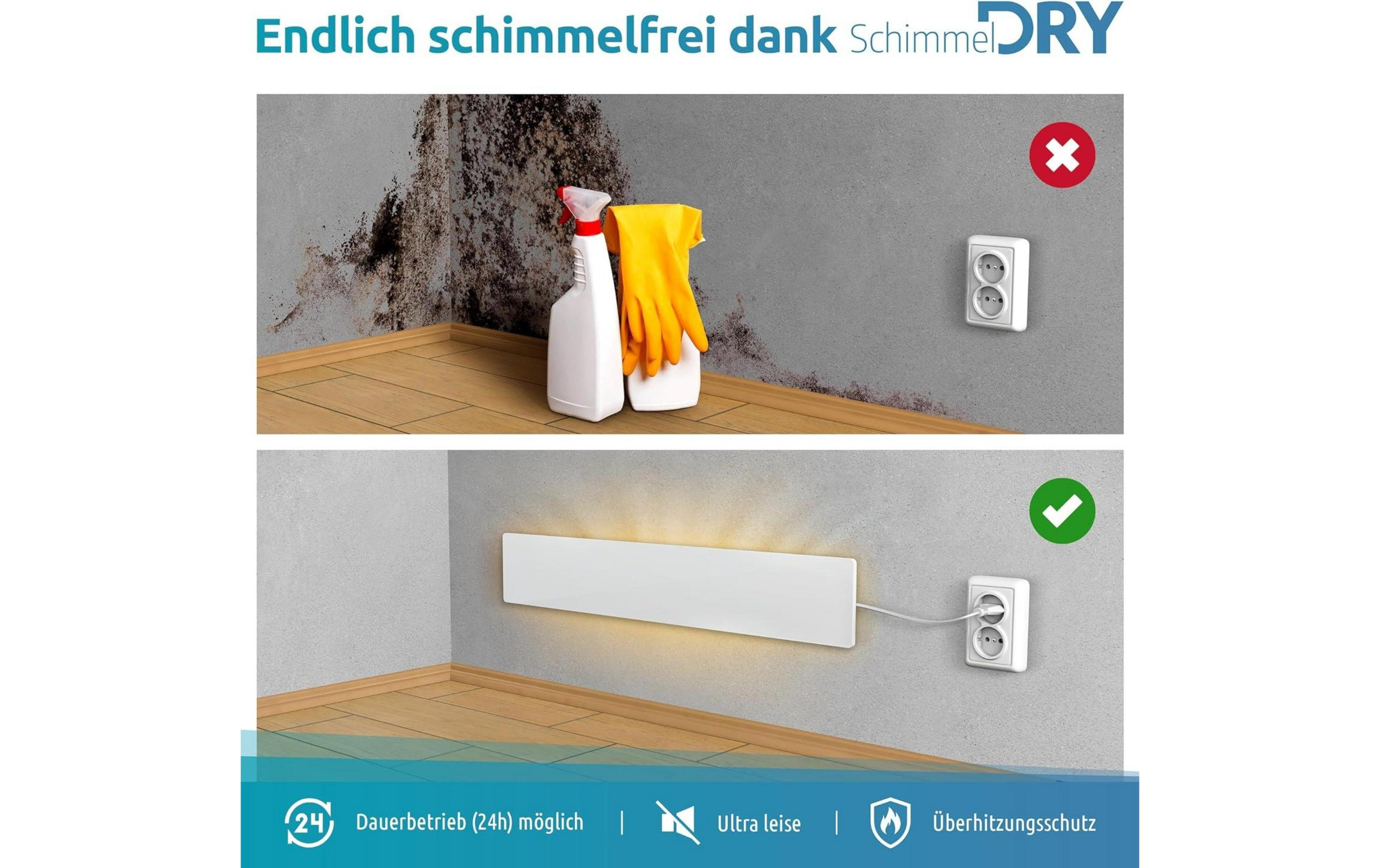 Oben: Schimmelwand mit Reinigungsmitteln, unten: Gerät gegen Schimmel.