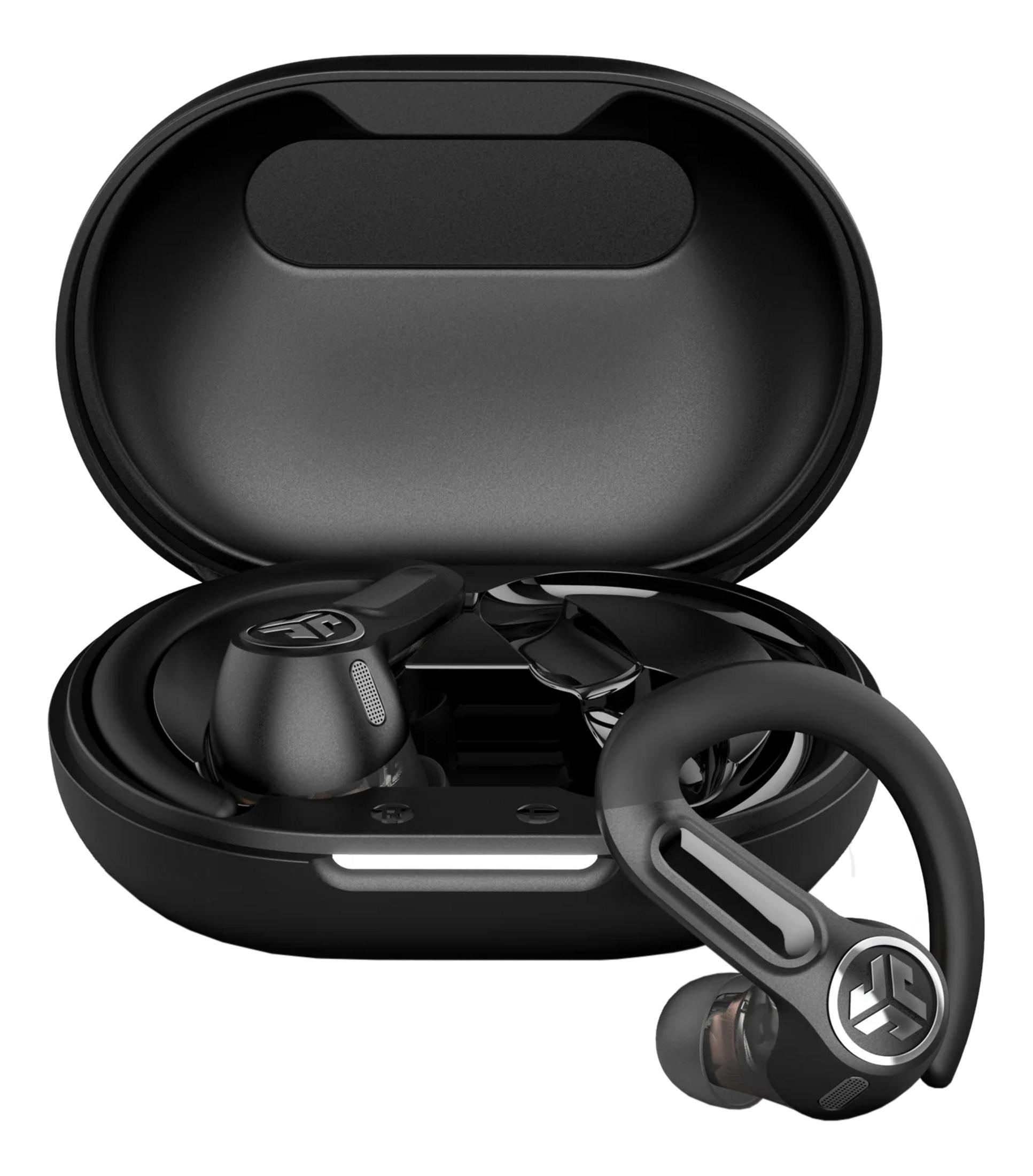 Auricolari wireless neri in una custodia di ricarica aperta su sfondo bianco.