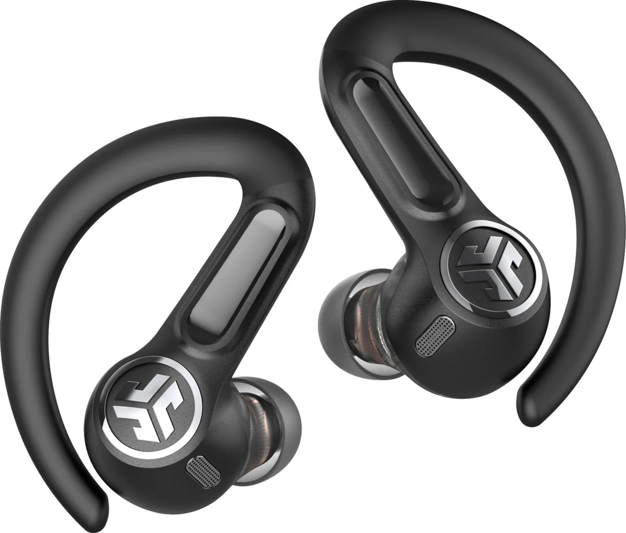 Due auricolari wireless neri con loghi argentati su sfondo bianco.