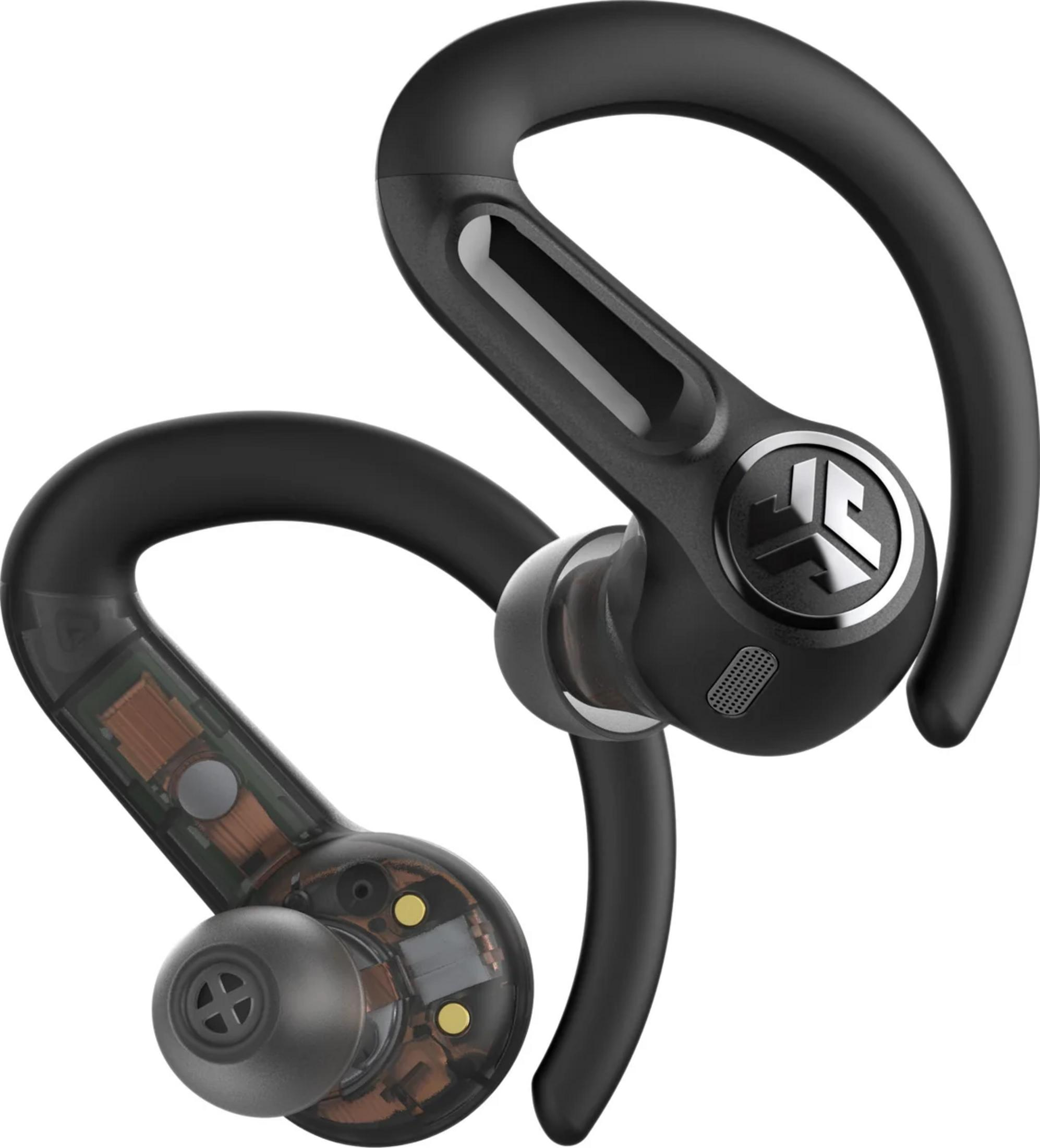 Due auricolari wireless neri con ganci, uno trasparente mostra i componenti interni.