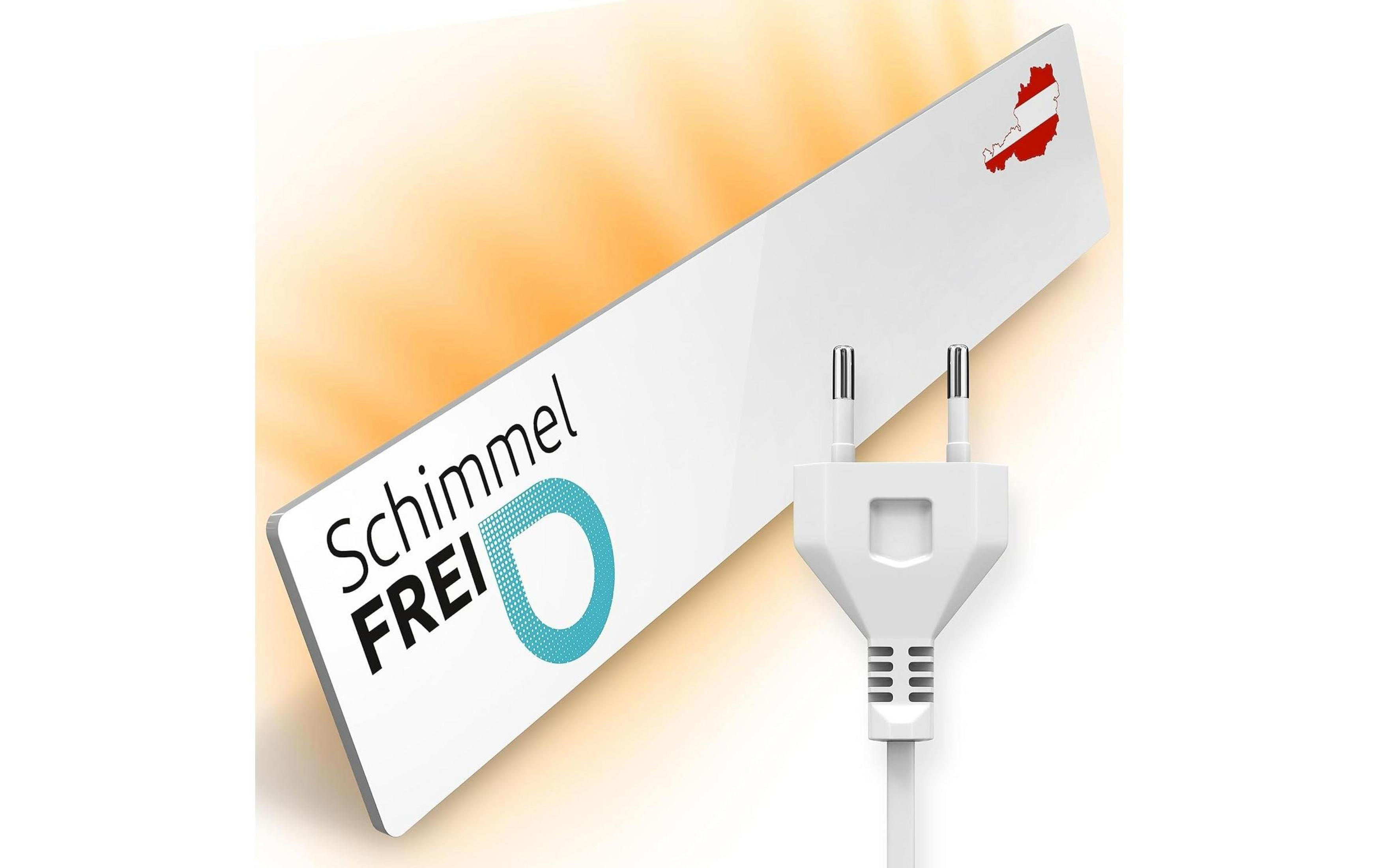 Ein weißer Stecker mit der Aufschrift „Schimmel Frei“ und Österreichkarte.