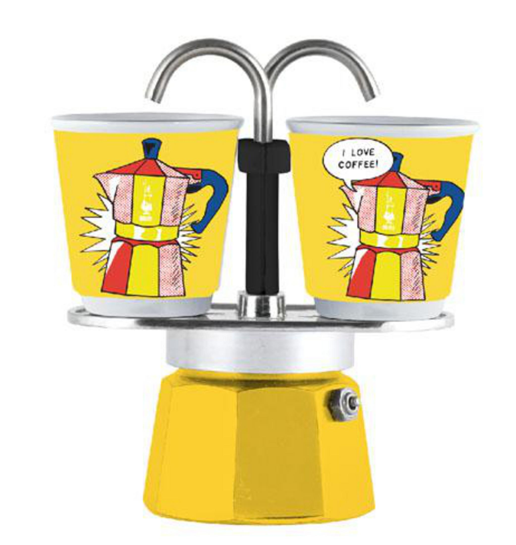 Żółty ekspres do kawy z dwoma filiżankami z ilustracją kawiarki.