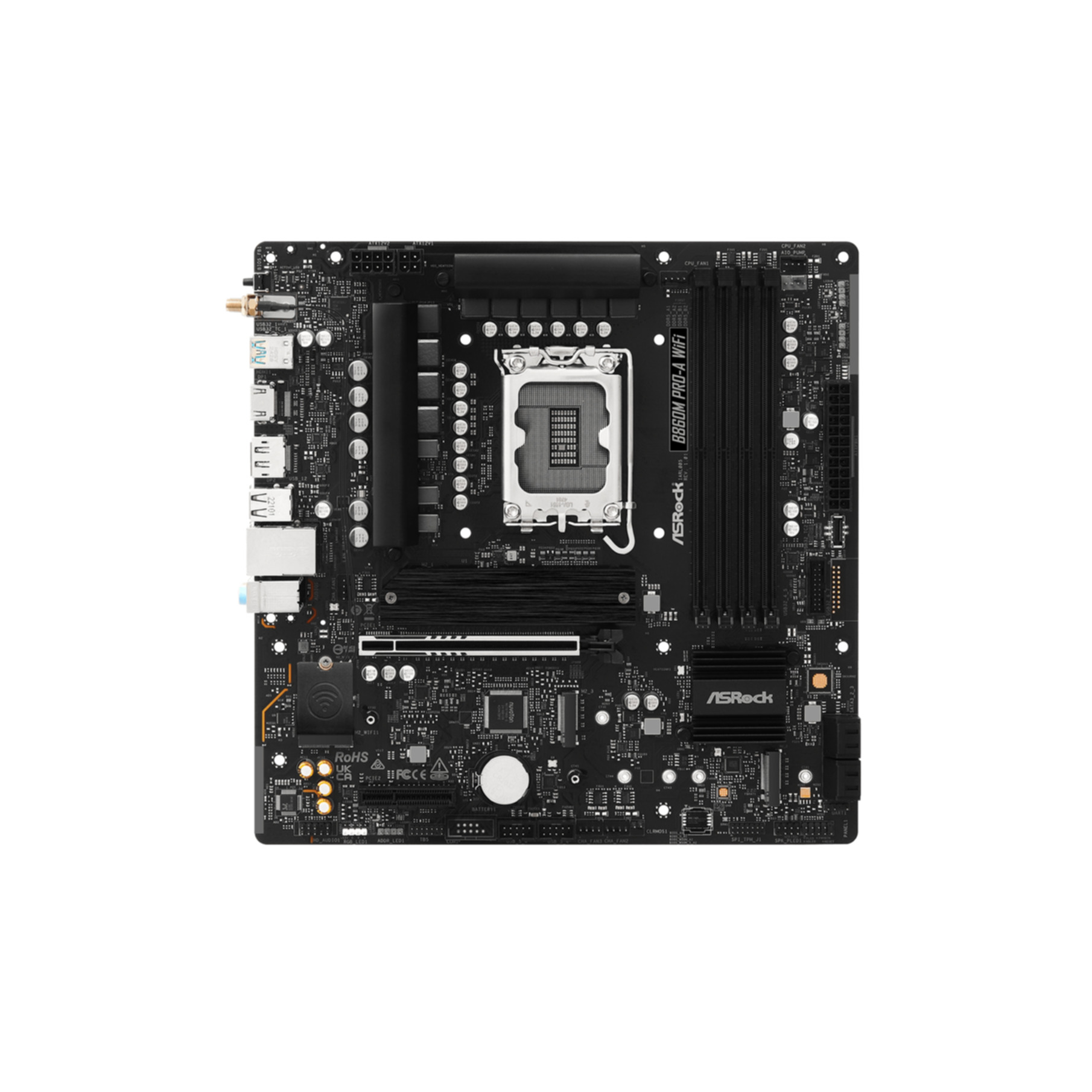 Czarna płyta główna ASRock B860M PRO-A WiFi z gniazdem CPU, slotami RAM i złączami.