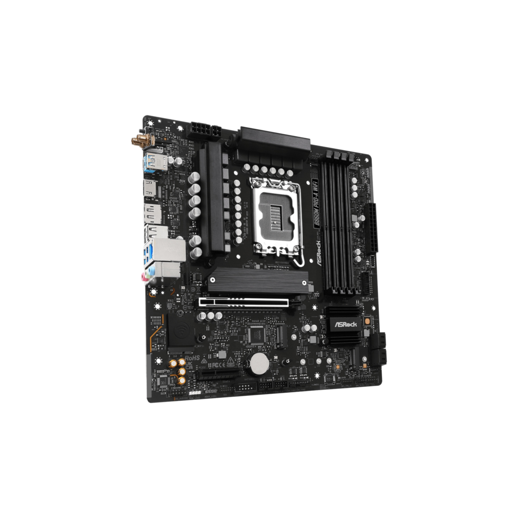 Czarna płyta główna z gniazdem procesora, slotami RAM i złączami.