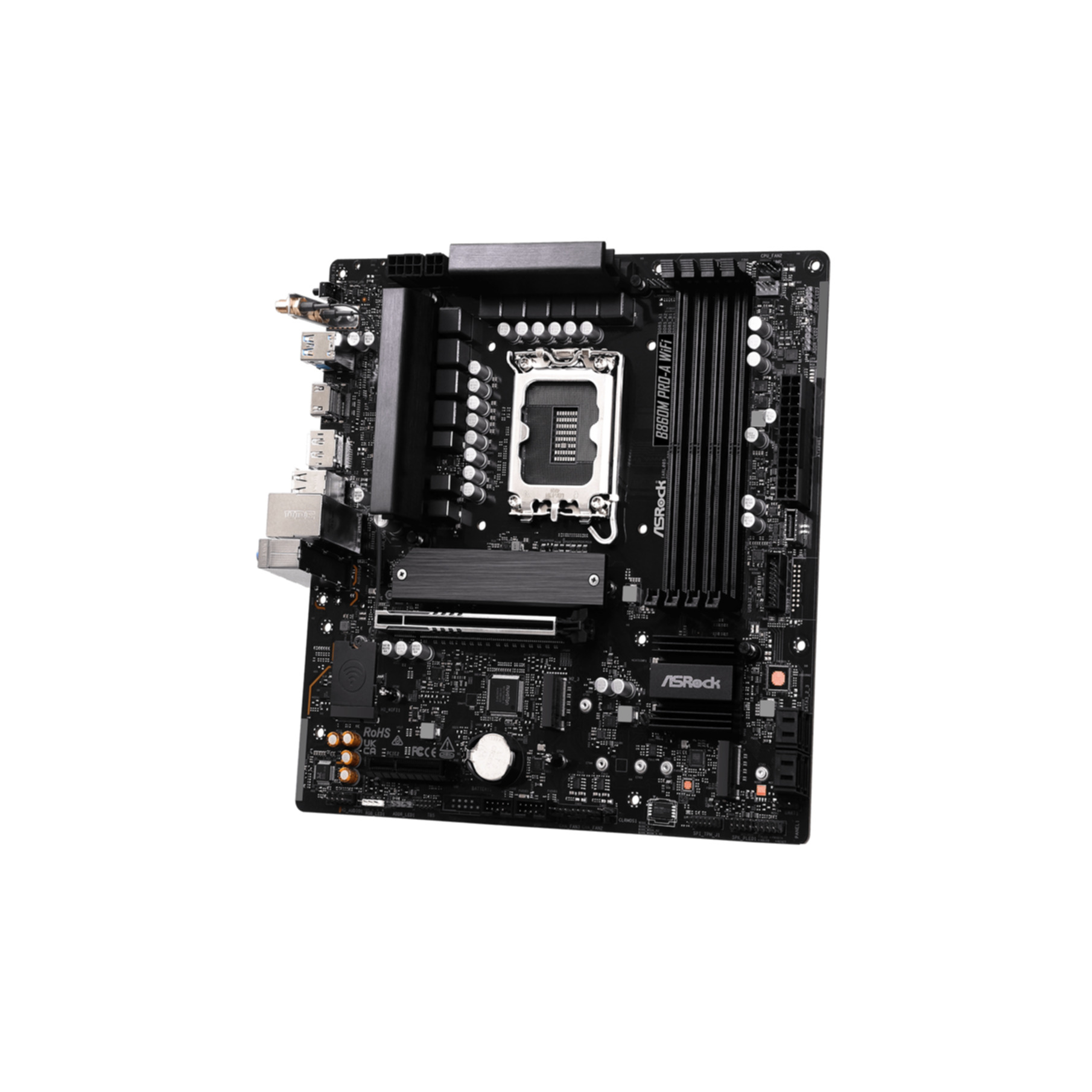 Czarna płyta główna ASRock B860M PRO-A WIFI z gniazdem CPU i slotami RAM.