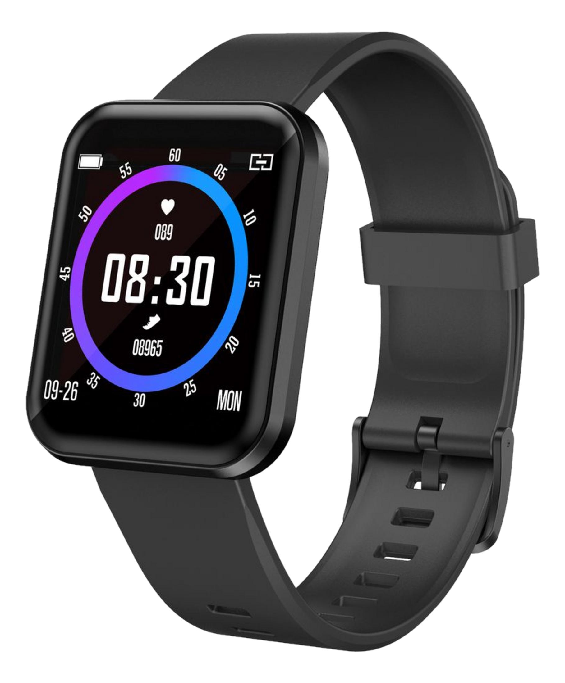Schwarze Smartwatch mit digitaler Anzeige 08:30 Uhr, Herzsymbol und Batterie.