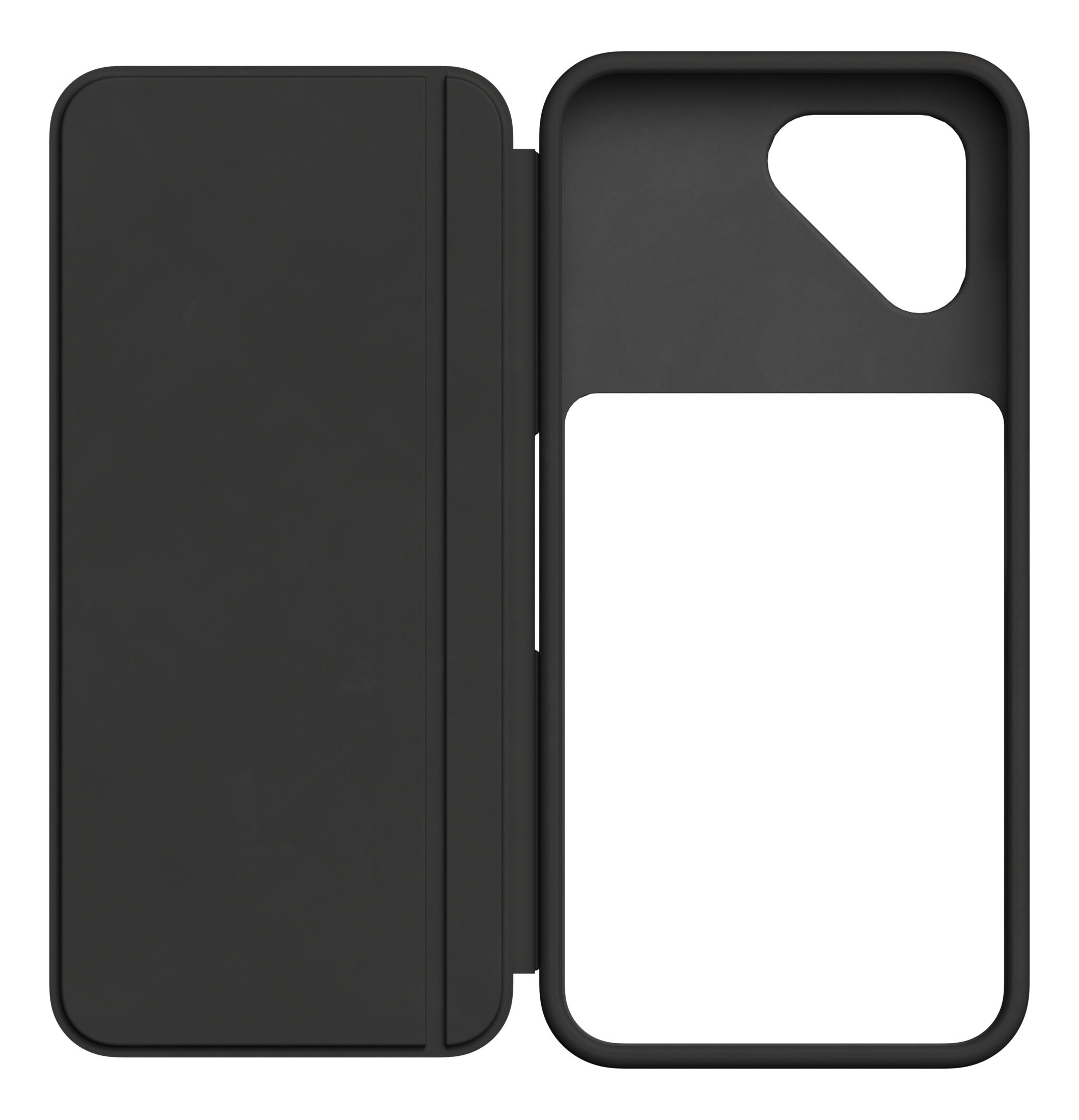 Custodia nera per telefono con copertina apribile e inserto bianco.