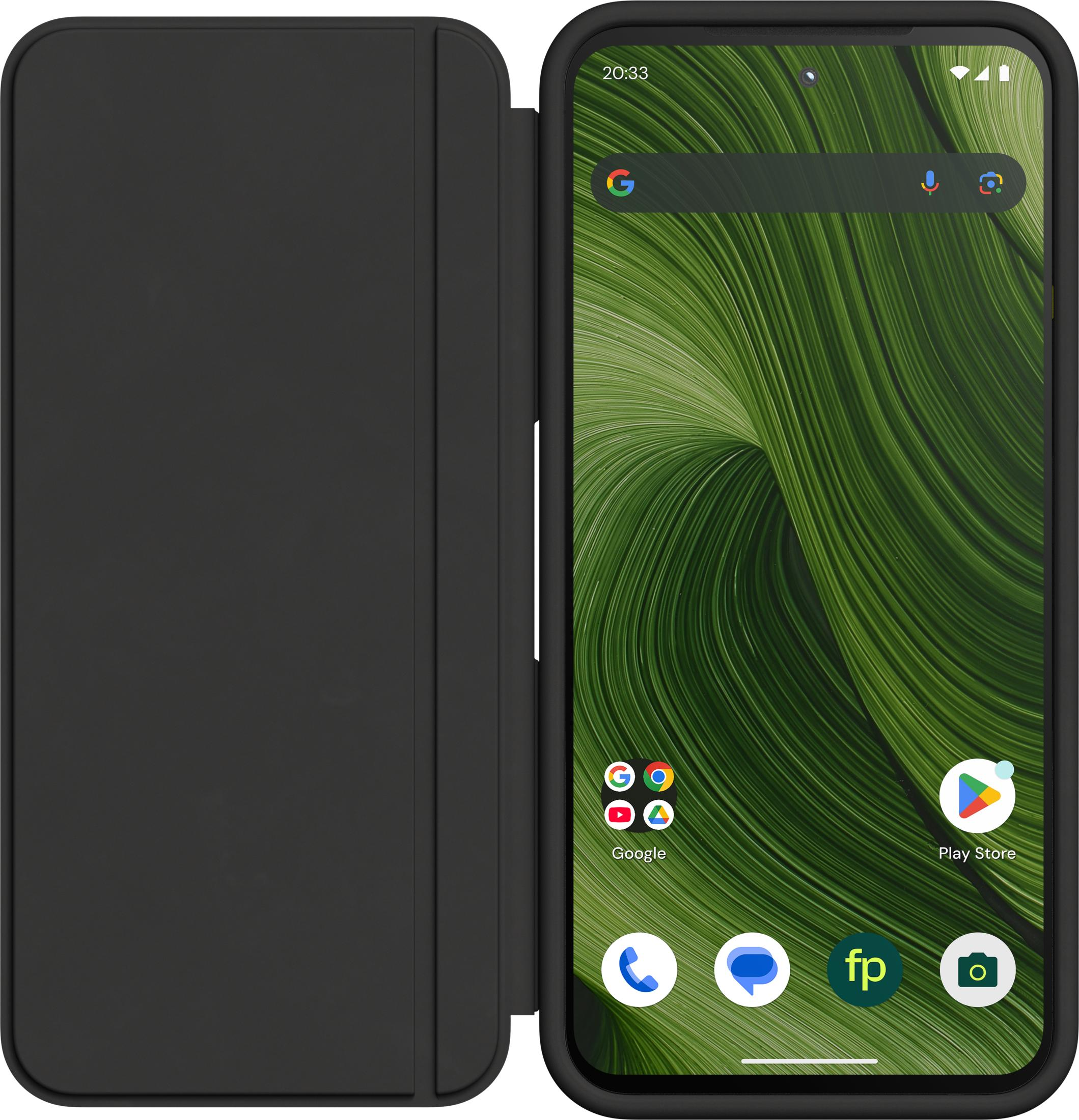 Un telefono cellulare nero con la custodia aperta, che mostra uno sfondo verde.