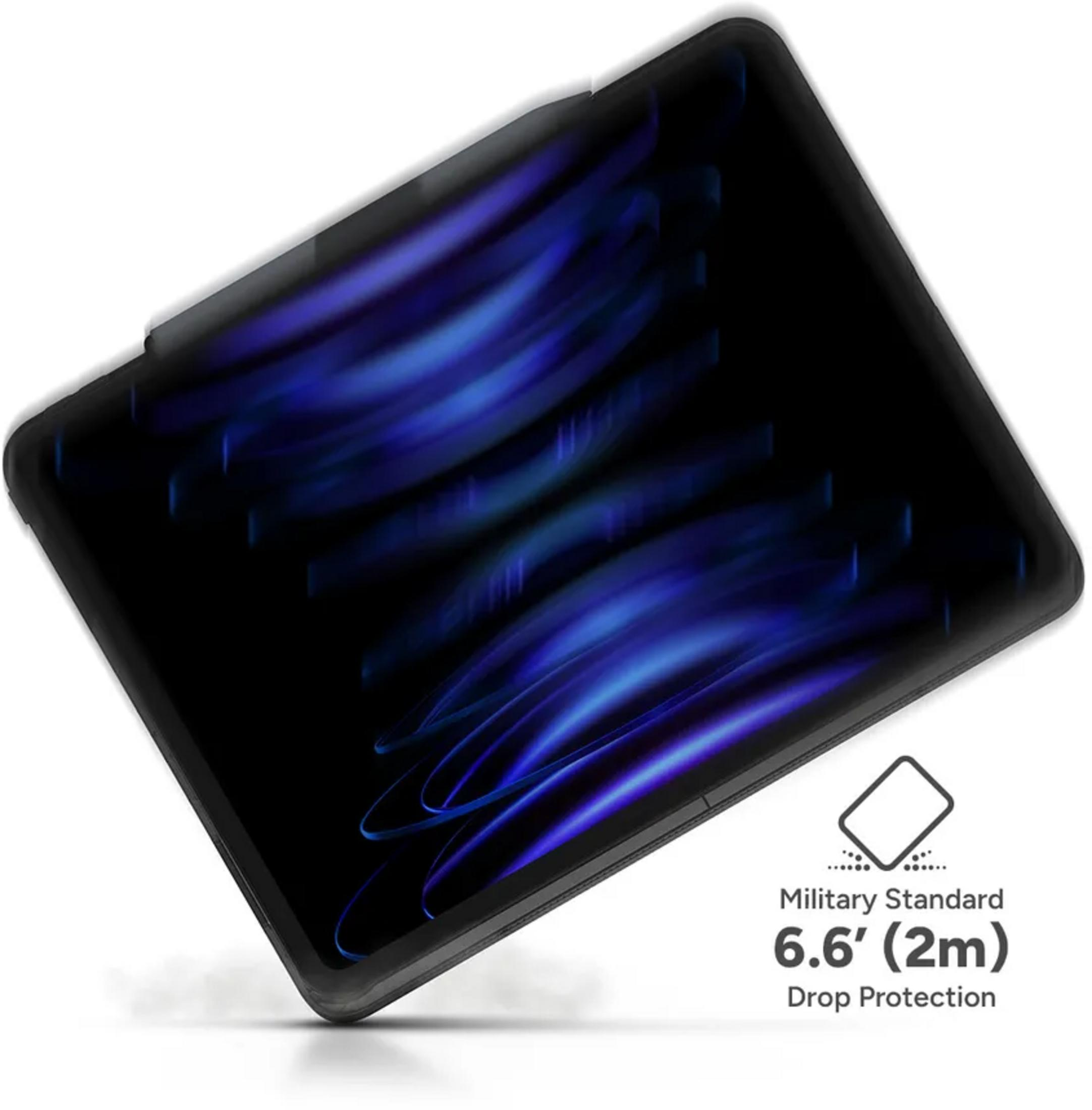 Schwarzes Tablet in Hülle mit blauen Lichteffekten. Militärstandard 6,6 Fuß (2m) Fallschutz.