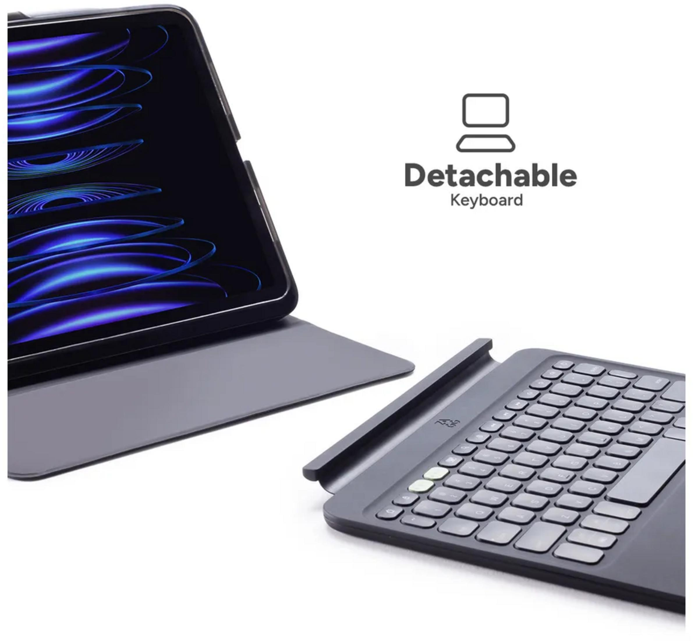 Ein Tablet mit Tastatur und Stifthalter auf weißem Hintergrund.