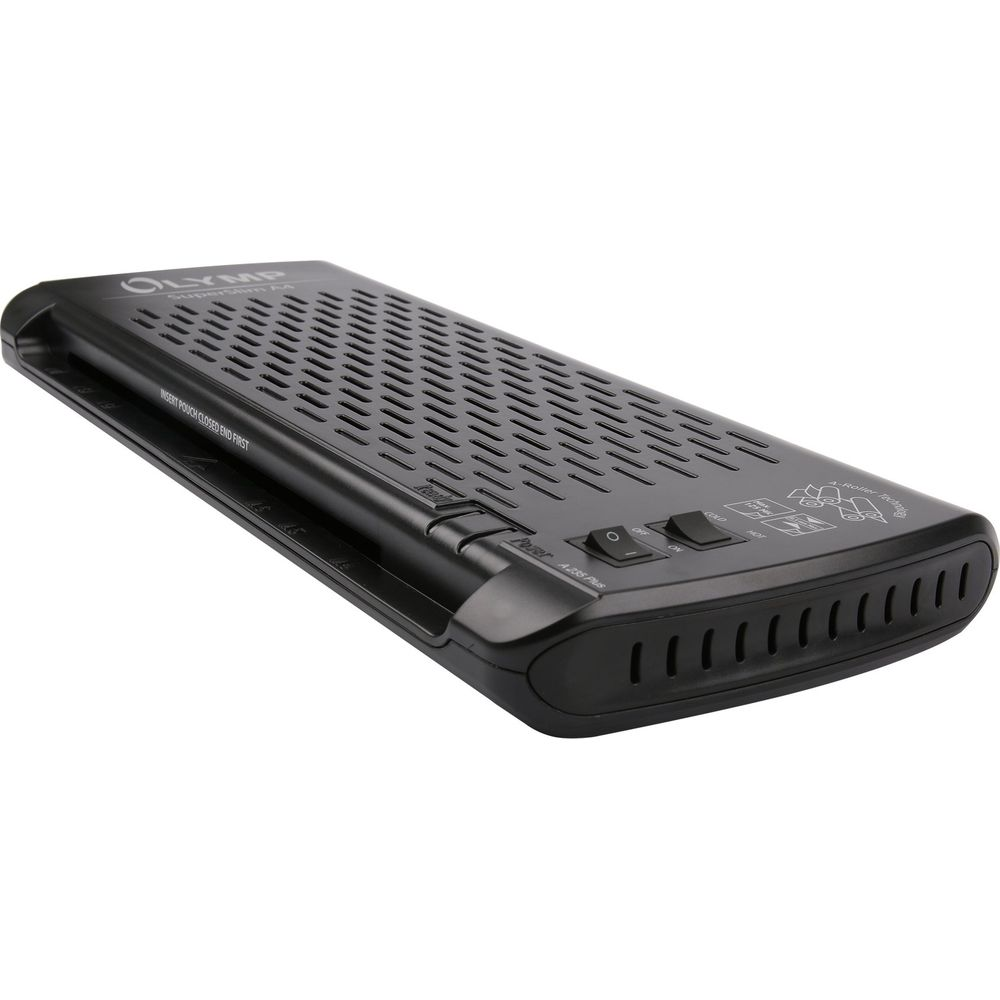 Schwarzer Laminator mit Lüftungsschlitzen und Bedienelementen.