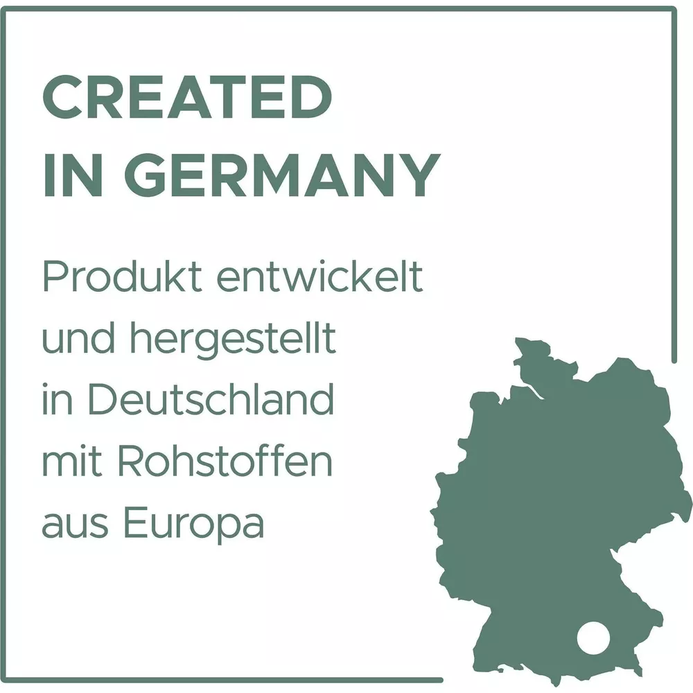 Hergestellt in Deutschland; Produkt entwickelt und hergestellt in Deutschland mit Rohstoffen aus Europa.