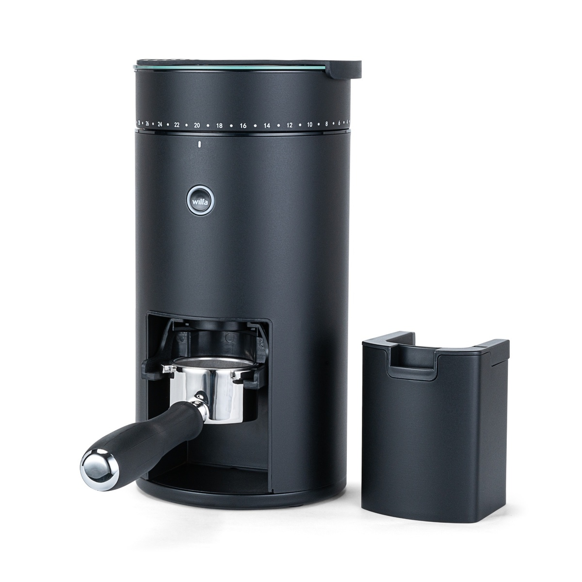 Schwarze Kaffeemühle mit Siebträger und Auffangbehälter.