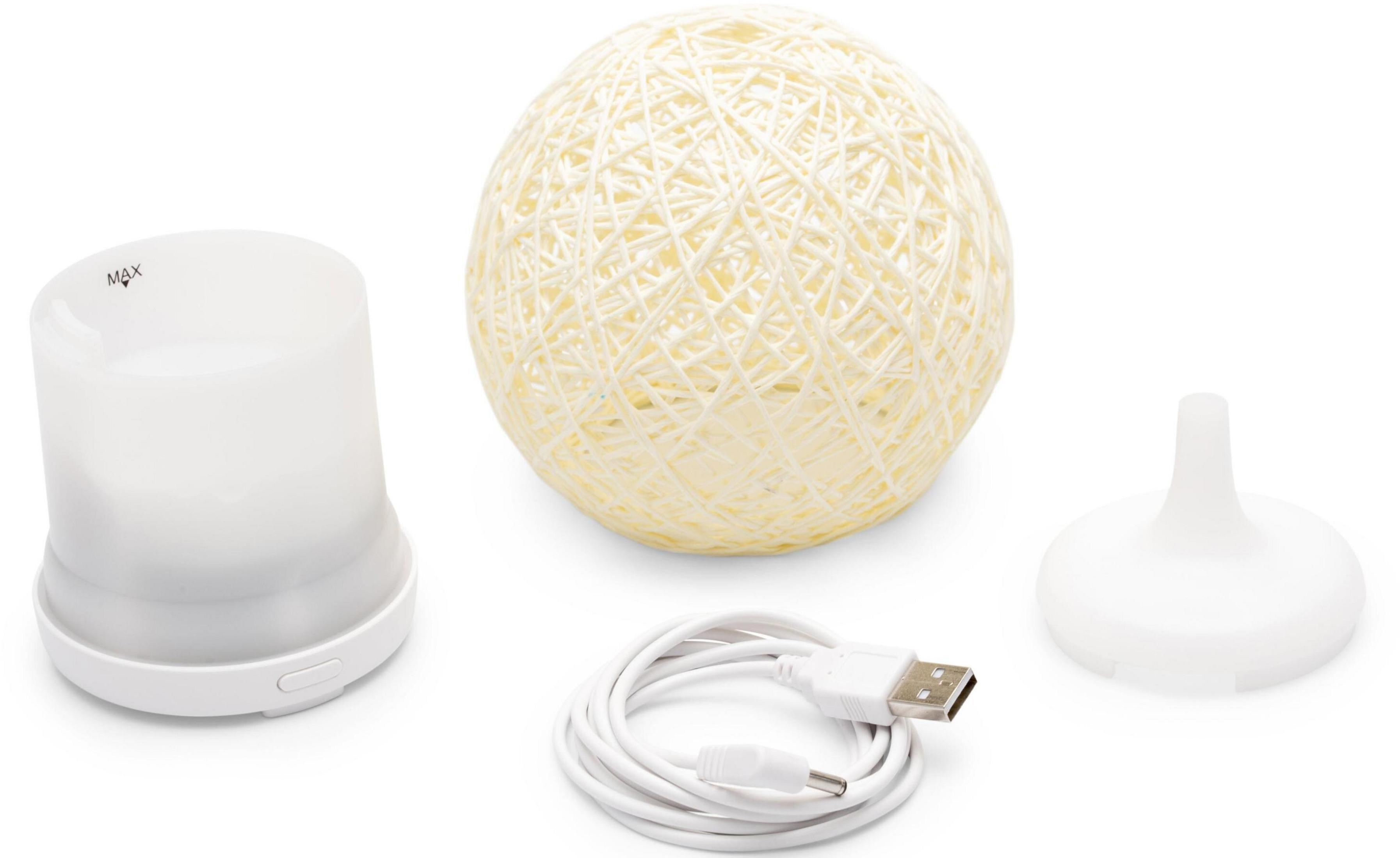Weiße Diffusorbasis, gelber Garnball-Lampenschirm, USB-Kabel und weißer Sockel.