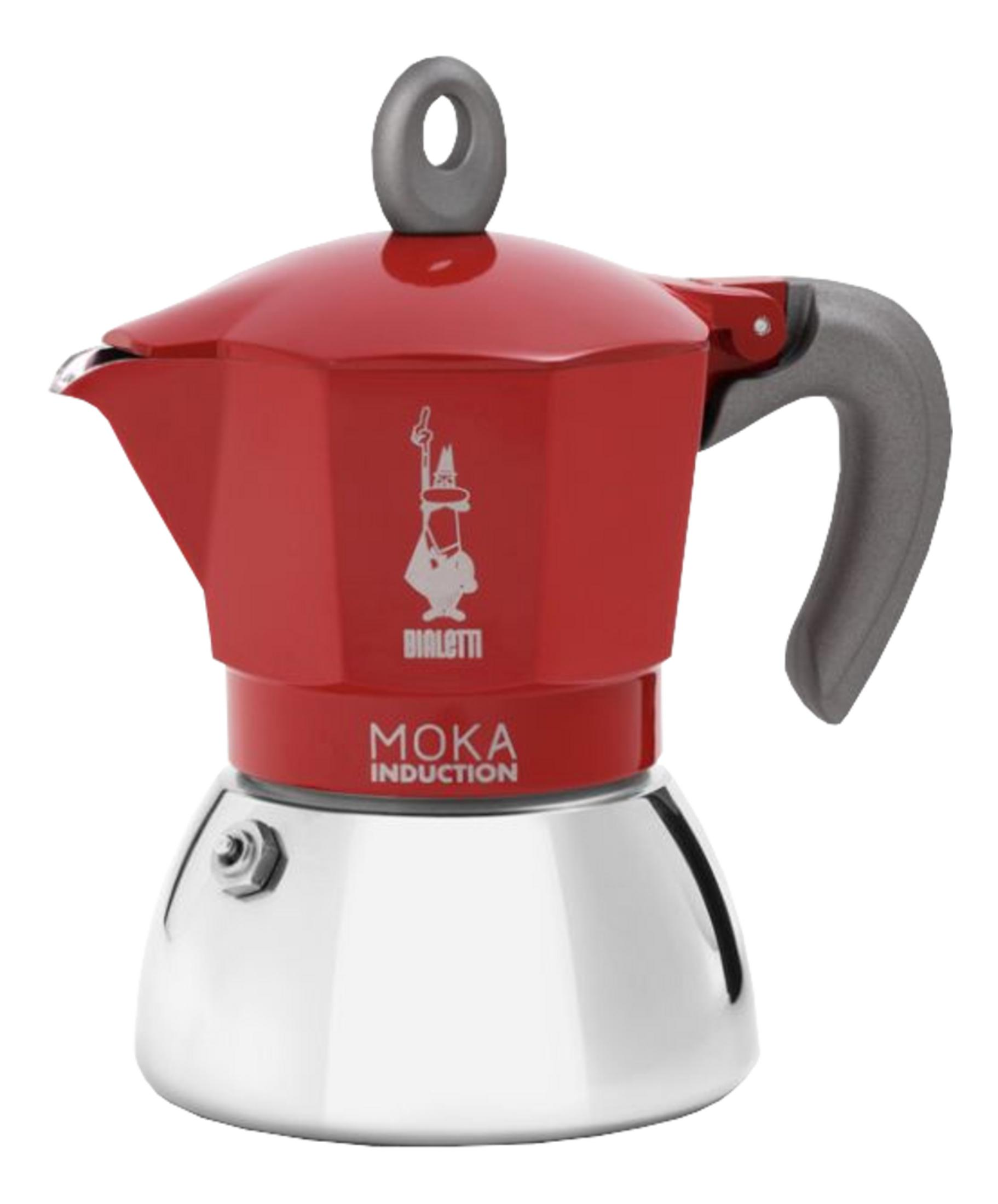 Czerwony ekspres Moka Bialetti z srebrną podstawą i szarym uchwytem.