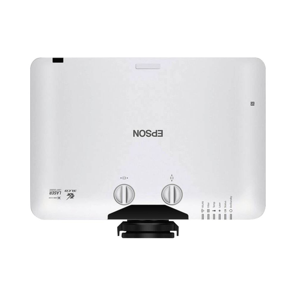 Biały projektor Epson z dwoma pierścieniami ostrości i osłoną obiektywu. Ikony na dole.