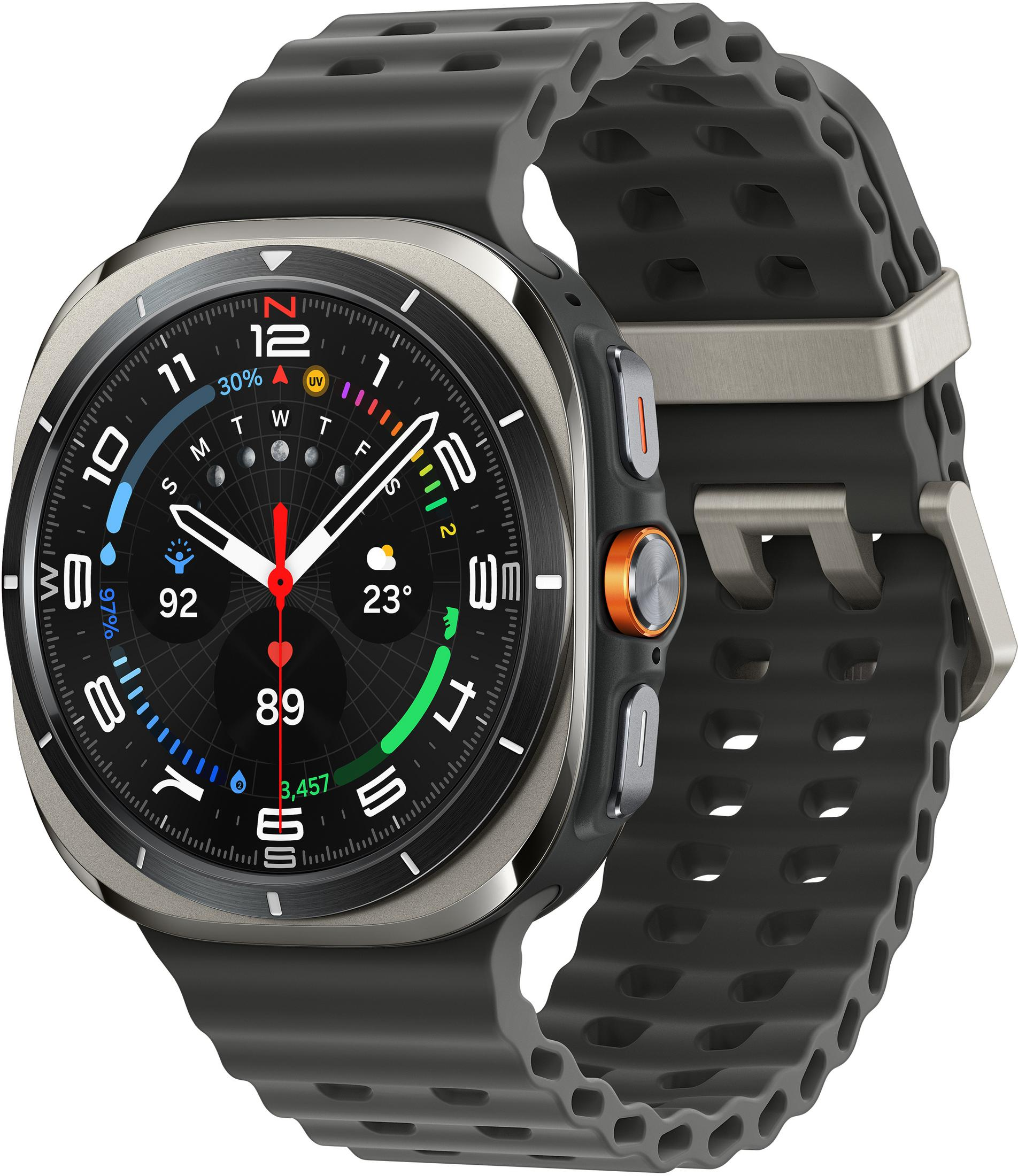 Une montre connectée gris foncé avec cadran noir détaillé, affichant l'heure, la température et les données.
