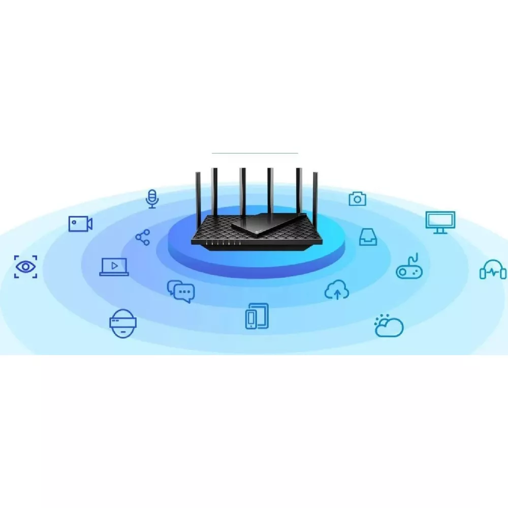 Czarny router z antenami, otoczony ikonami łączności.