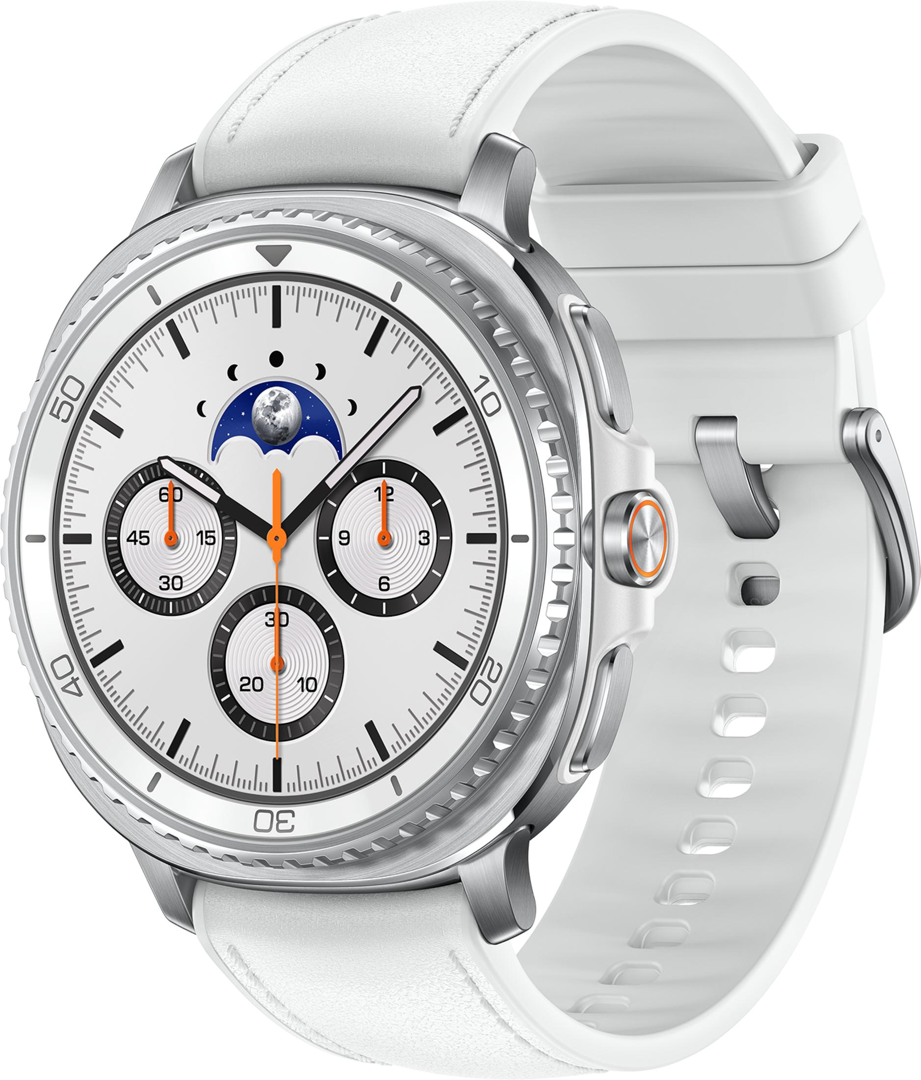 Uno smartwatch bianco con cassa argentata e quadrante fasi lunari.