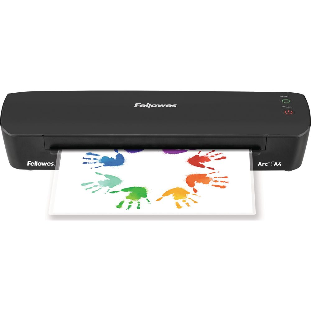 Una plastificadora Fellowes negra con arte de huellas dactilares de colores saliendo de ella.