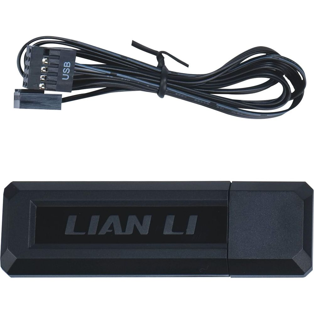 Black Lian Li USB device with cable and connector.