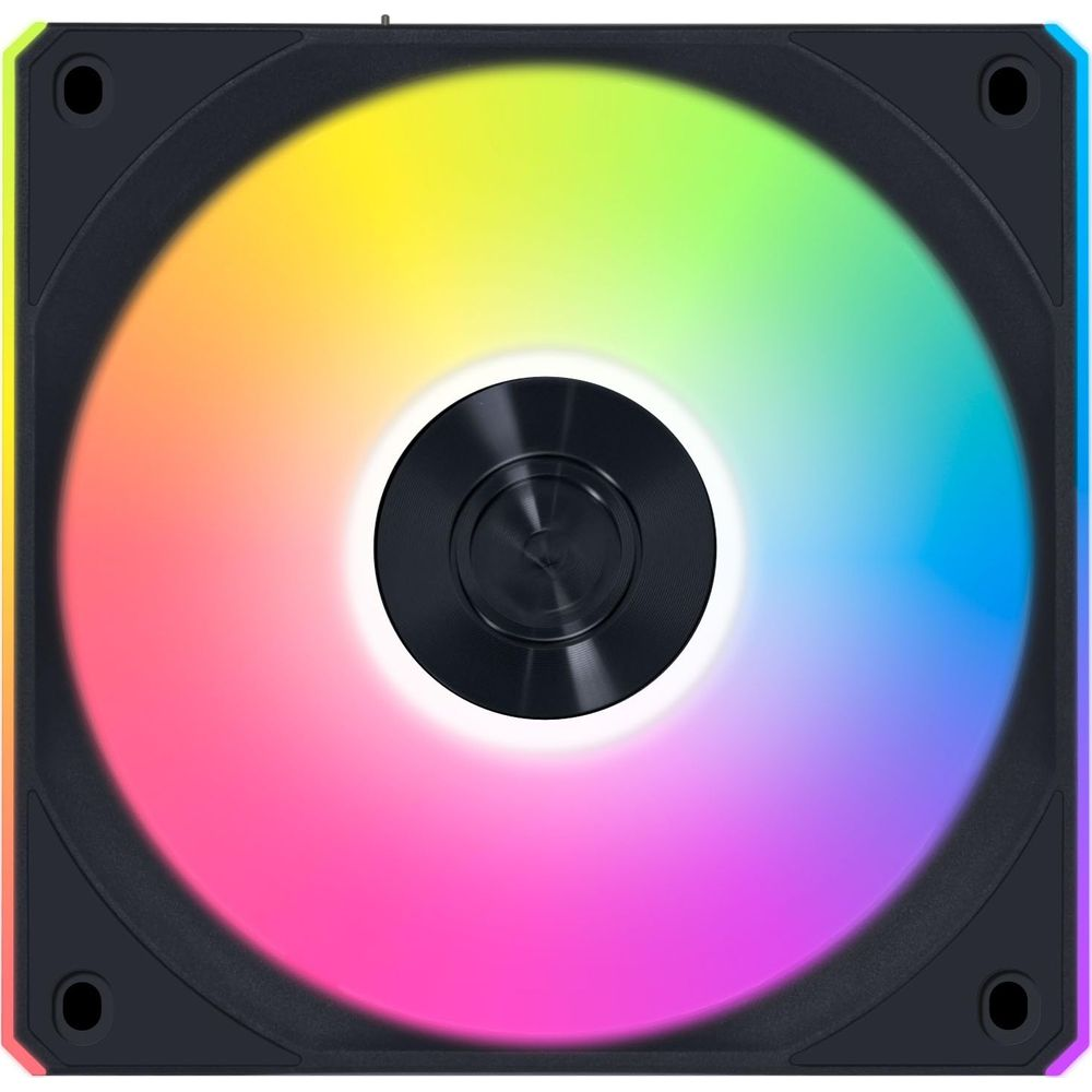 Black computer fan with rainbow RGB lighting.