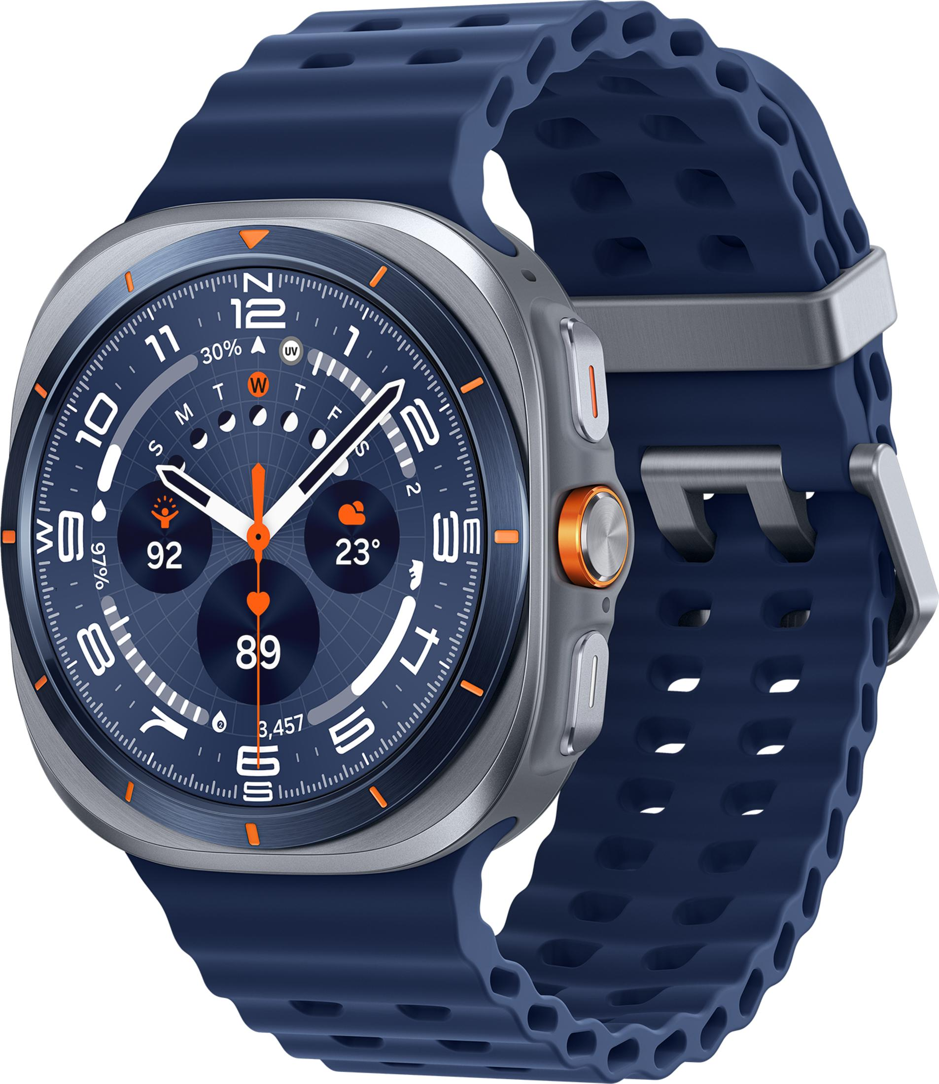 Uno smartwatch blu scuro con cassa argentata e accenti arancioni.