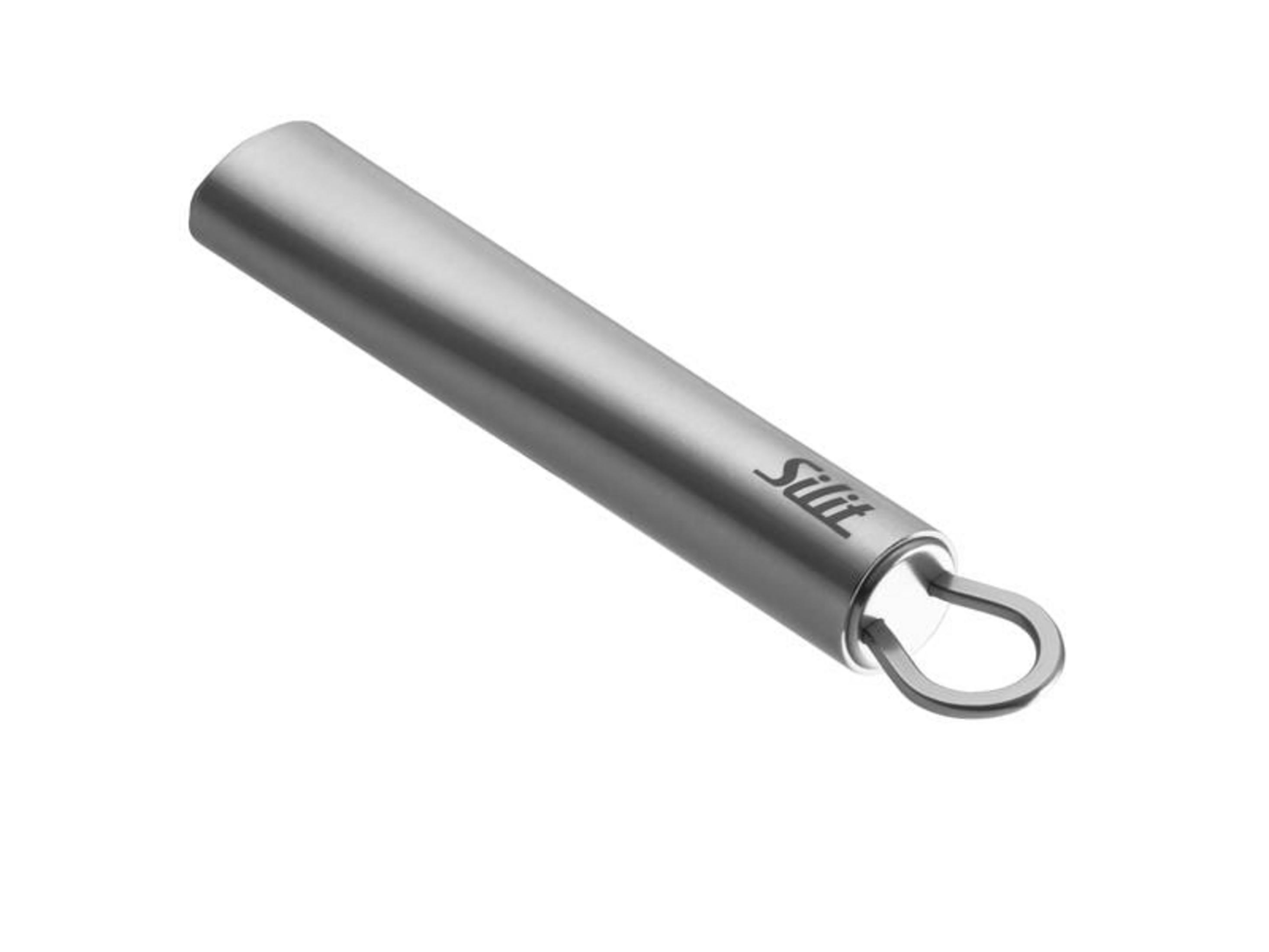 Ein silberner Metallgriff mit einem Haken am Ende, mit dem Logo 'Silit'.