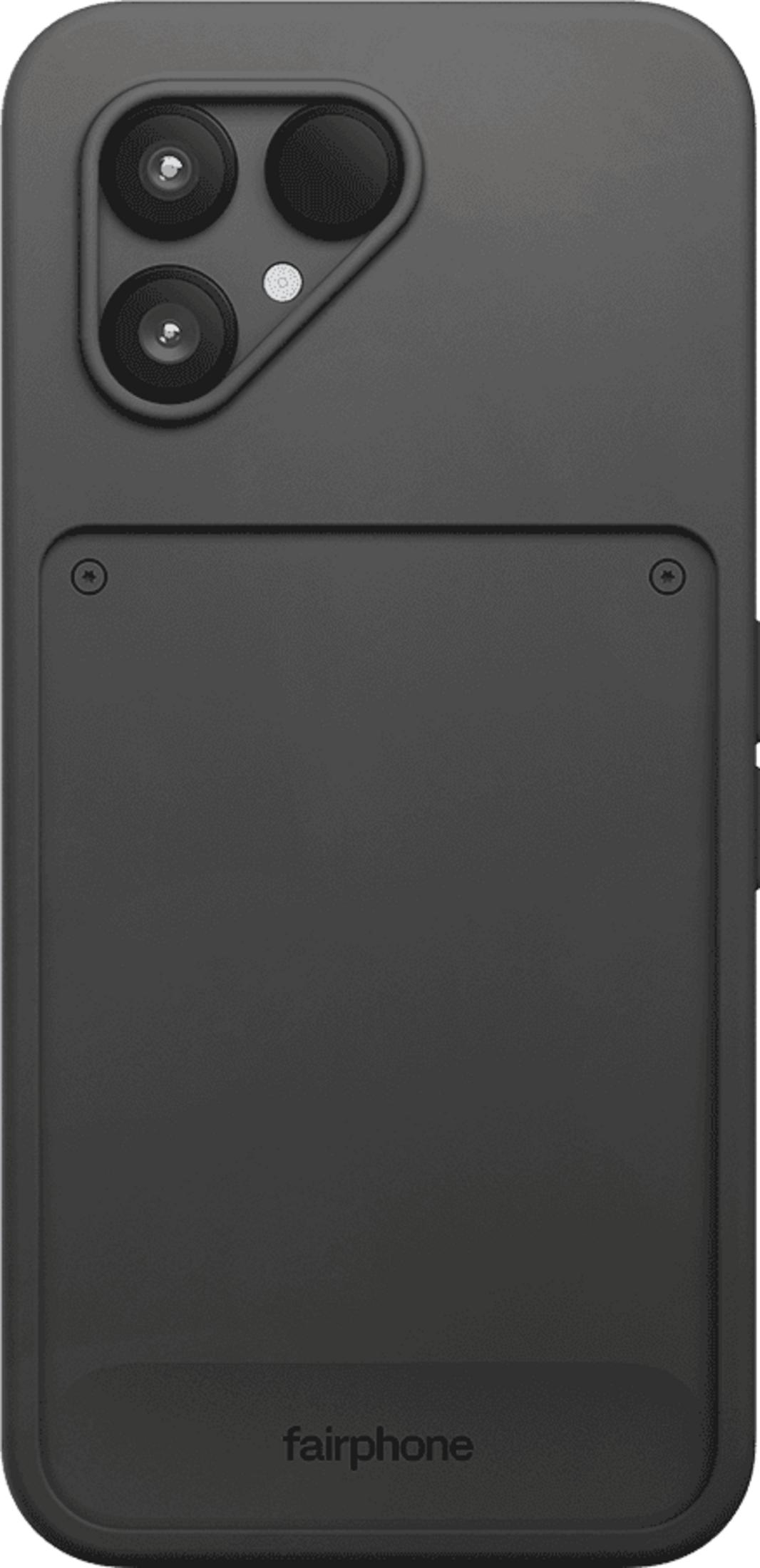 Funda negra Fairphone con tres lentes de cámara y flash arriba.