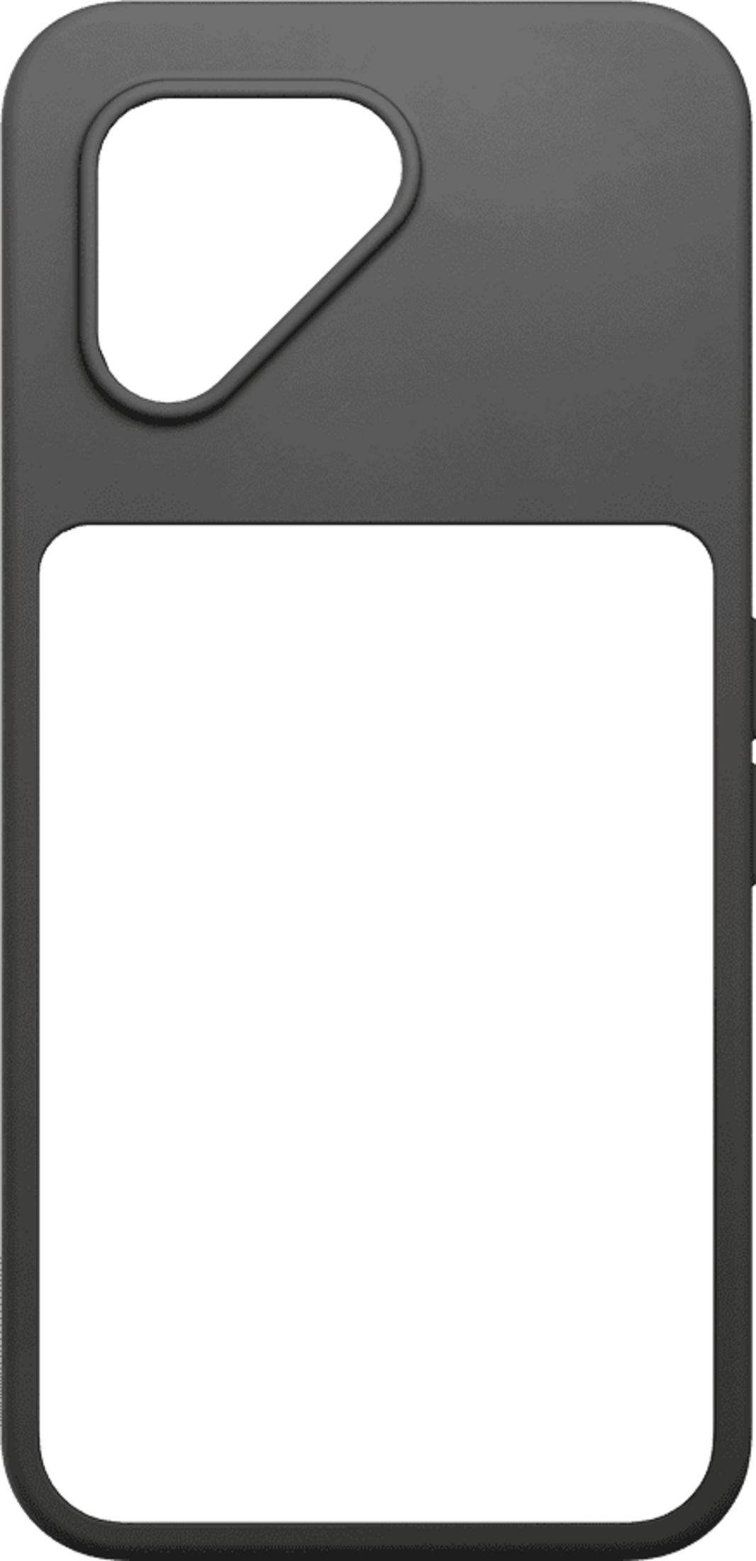 Funda de teléfono gris oscuro con recortes para cámara y pantalla.